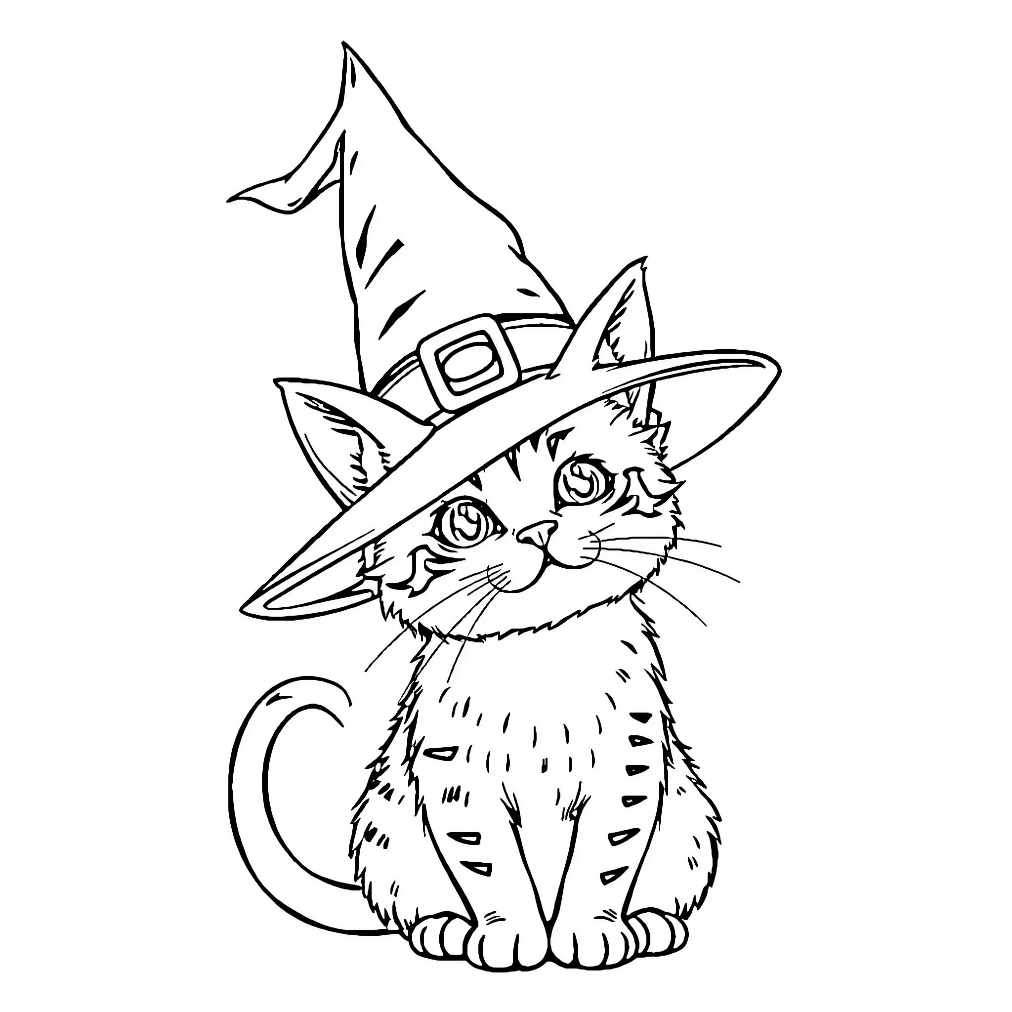 Cat in Witch Hat Coloring Page (free black-and-white line drawing printable PDF for all, from beginners to advanced learners, including children, teens, adults, and seniors)