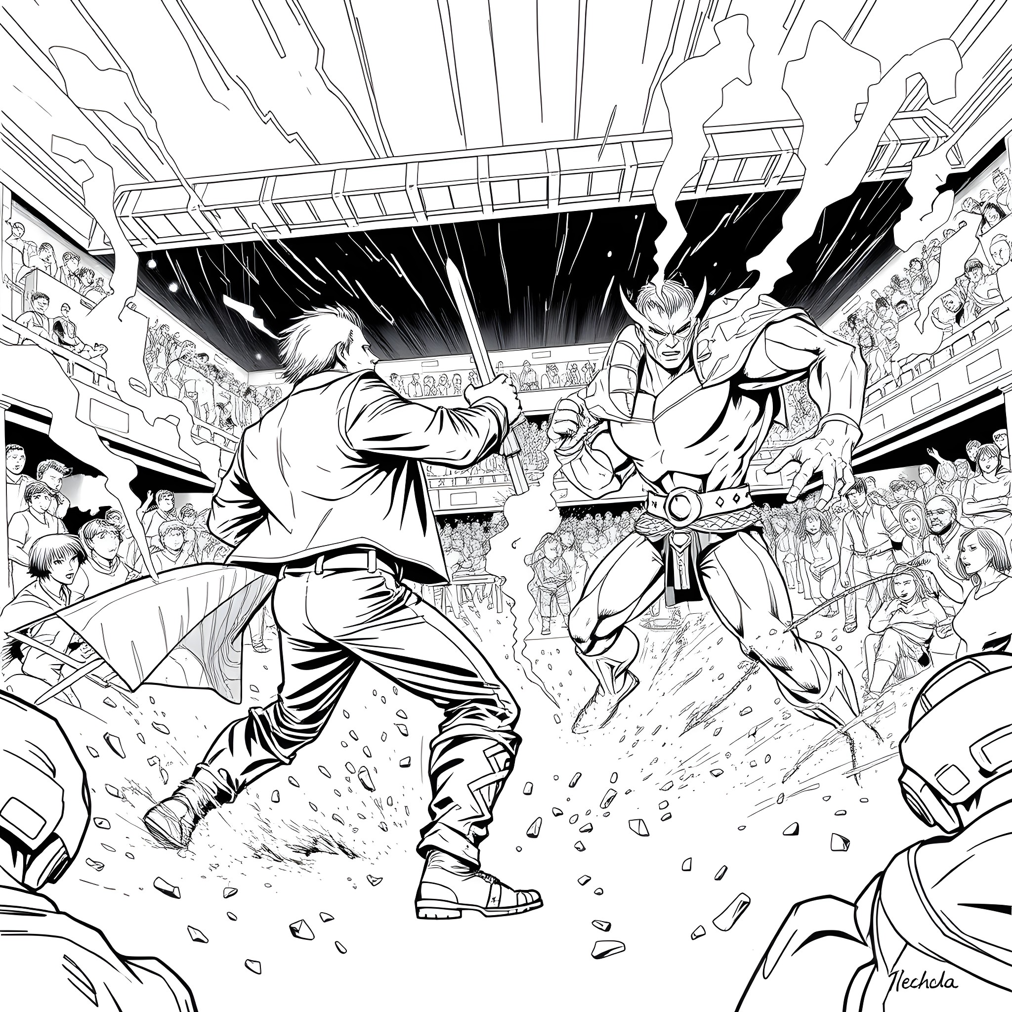 Jack Sullivan battles the Villain in a thrilling showdown Coloring Page (free black-and-white line drawing printable PDF for all, from beginners to advanced learners, including children, teens, adults, and seniors)