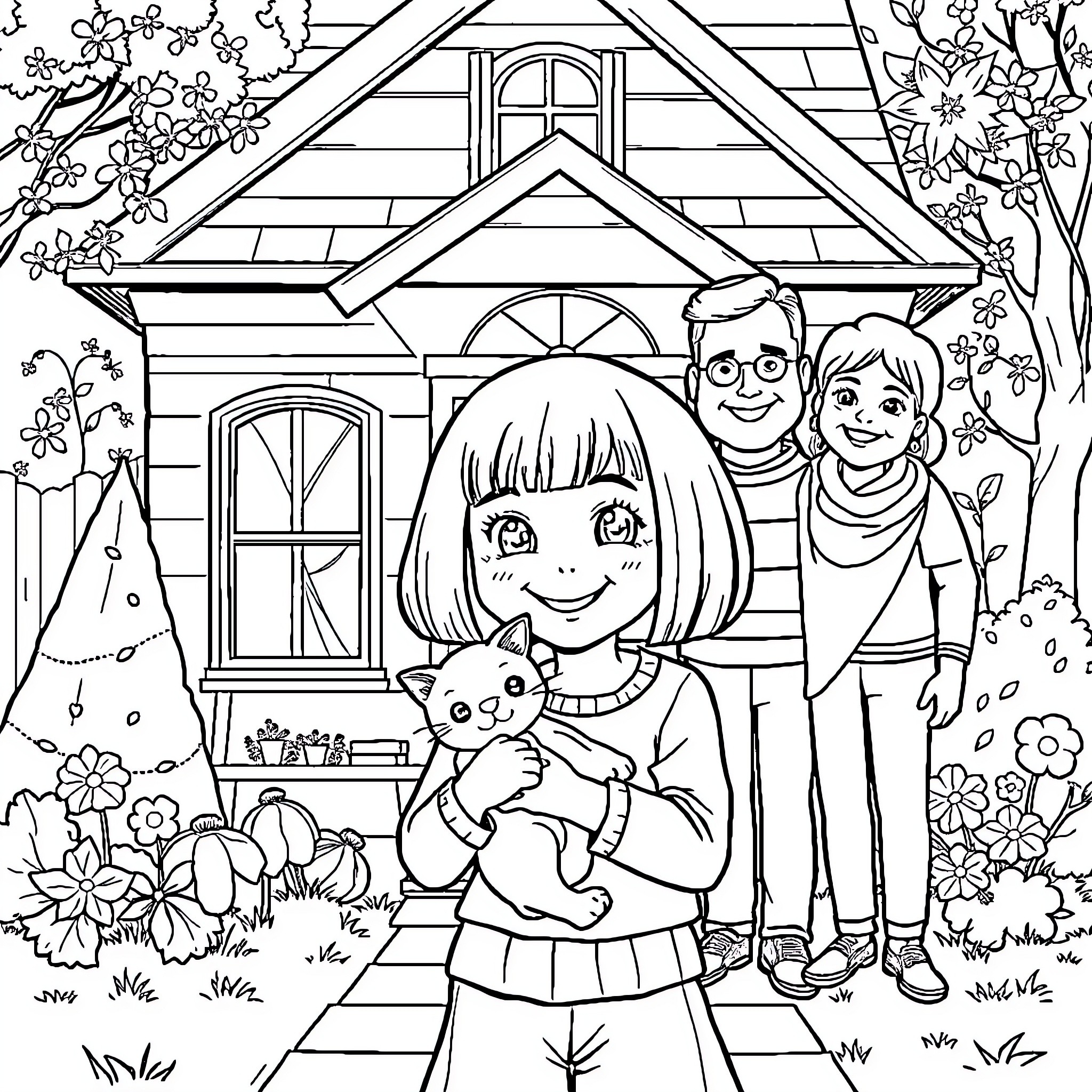 Girl and boy playing outside their cozy home Coloring Page (free black-and-white line drawing printable PDF for all, from beginners to advanced learners, including children, teens, adults, and seniors)