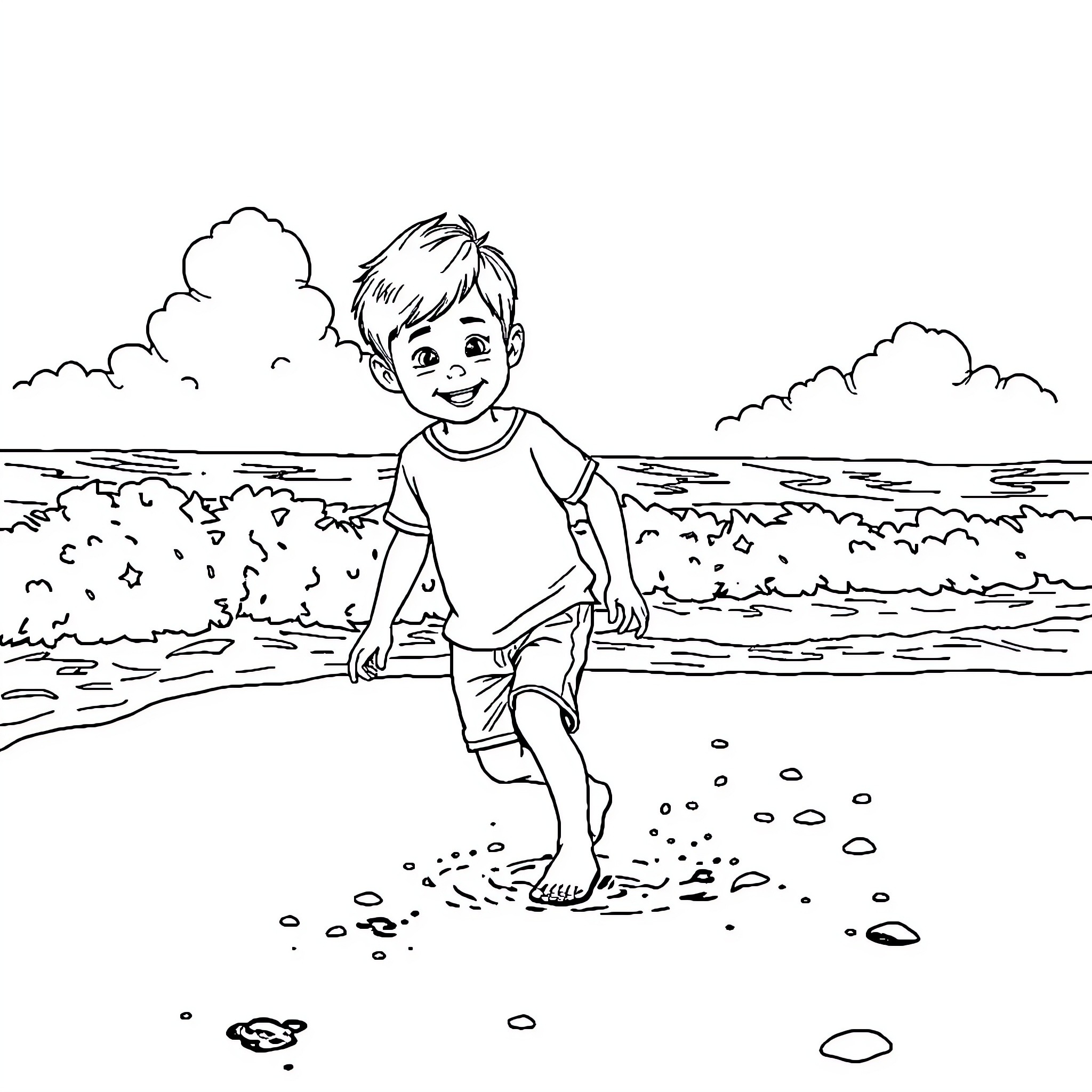 Boy playing happily at the beach Coloring Page (free black-and-white line drawing printable PDF for all, from beginners to advanced learners, including children, teens, adults, and seniors)