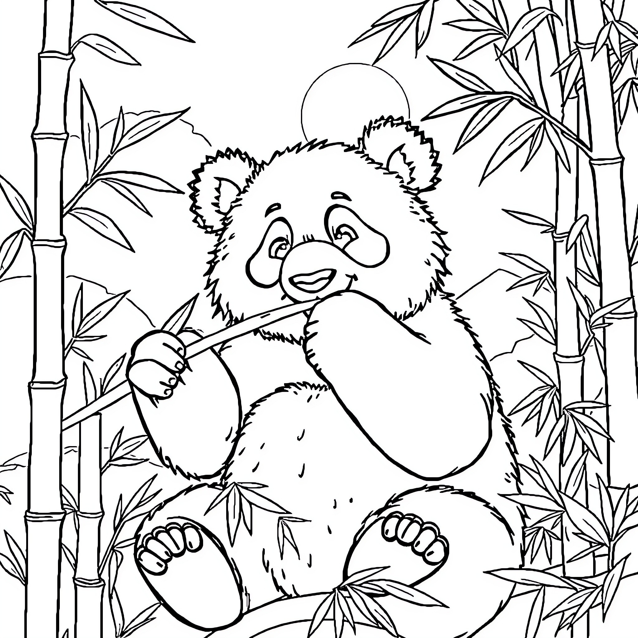 Panda sitting among bamboo plants Coloring Page (free black-and-white line drawing printable PDF for all, from beginners to advanced learners, including children, teens, adults, and seniors)