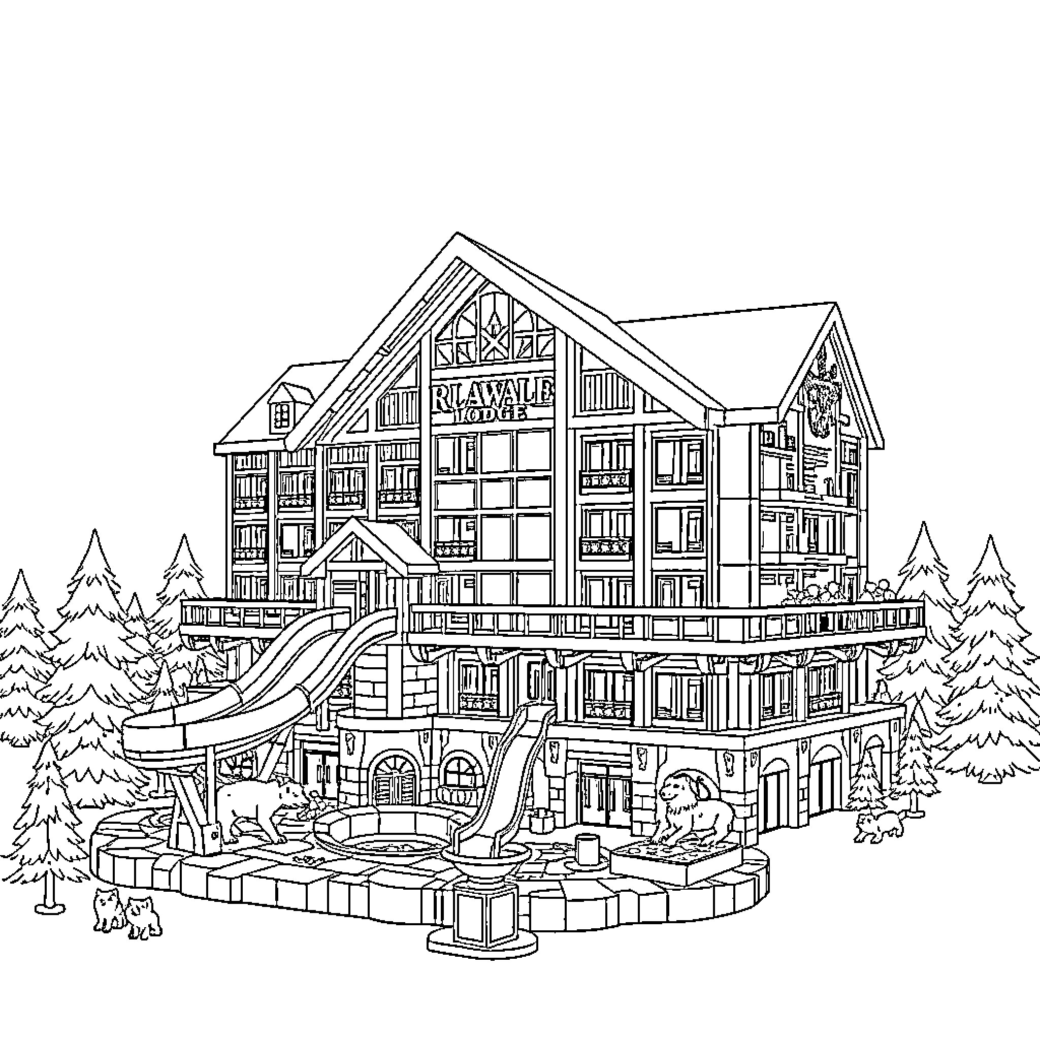 Wolf Lodge in the Snowy Wilderness Coloring Page (free black-and-white line drawing printable PDF for all, from beginners to advanced learners, including children, teens, adults, and seniors)