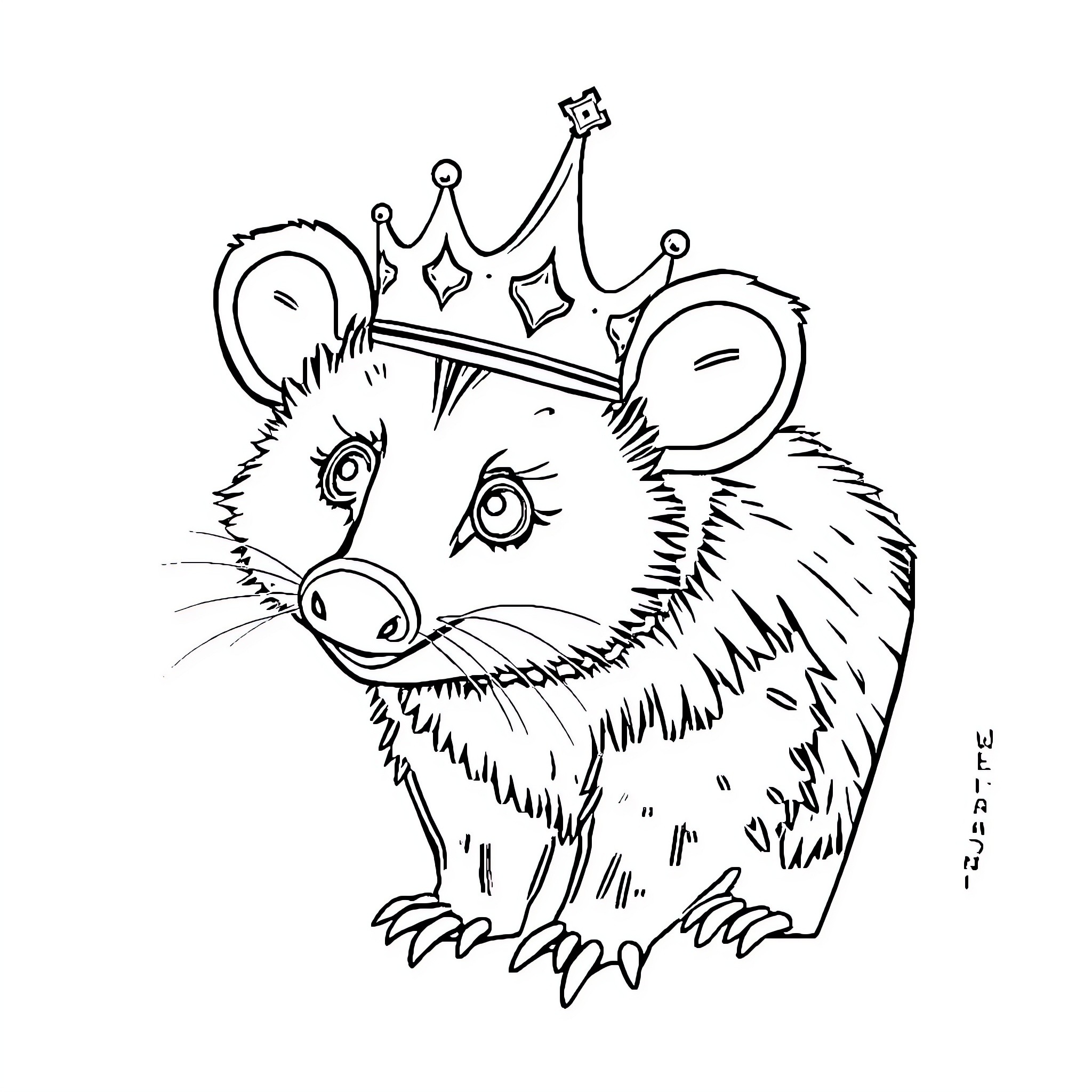 Opossum wearing a crown and looking regal Coloring Page (free black-and-white line drawing printable PDF for all, from beginners to advanced learners, including children, teens, adults, and seniors)
