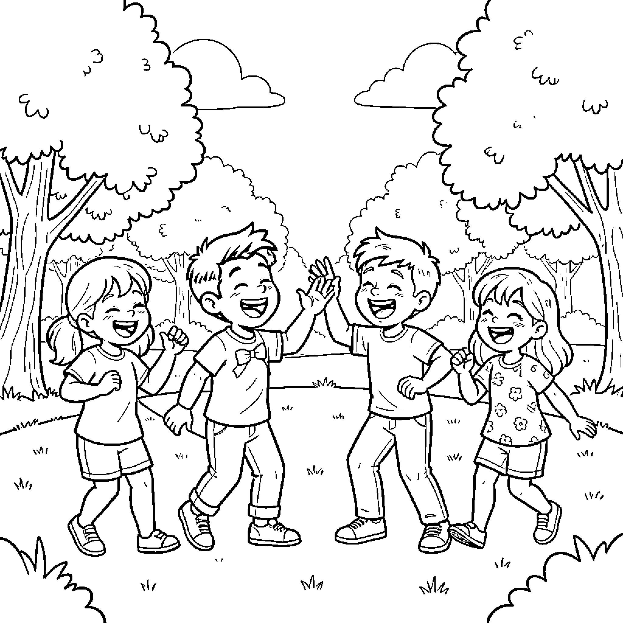 Tom and friends playing happily in the park Coloring Page (free black-and-white line drawing printable PDF for all, from beginners to advanced learners, including children, teens, adults, and seniors)
