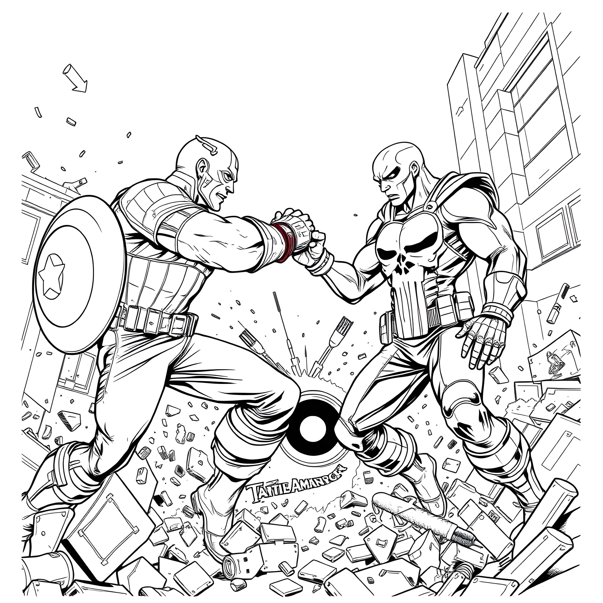 Captain America and Punisher in epic battle Coloring Page (free black-and-white line drawing printable PDF for all, from beginners to advanced learners, including children, teens, adults, and seniors)