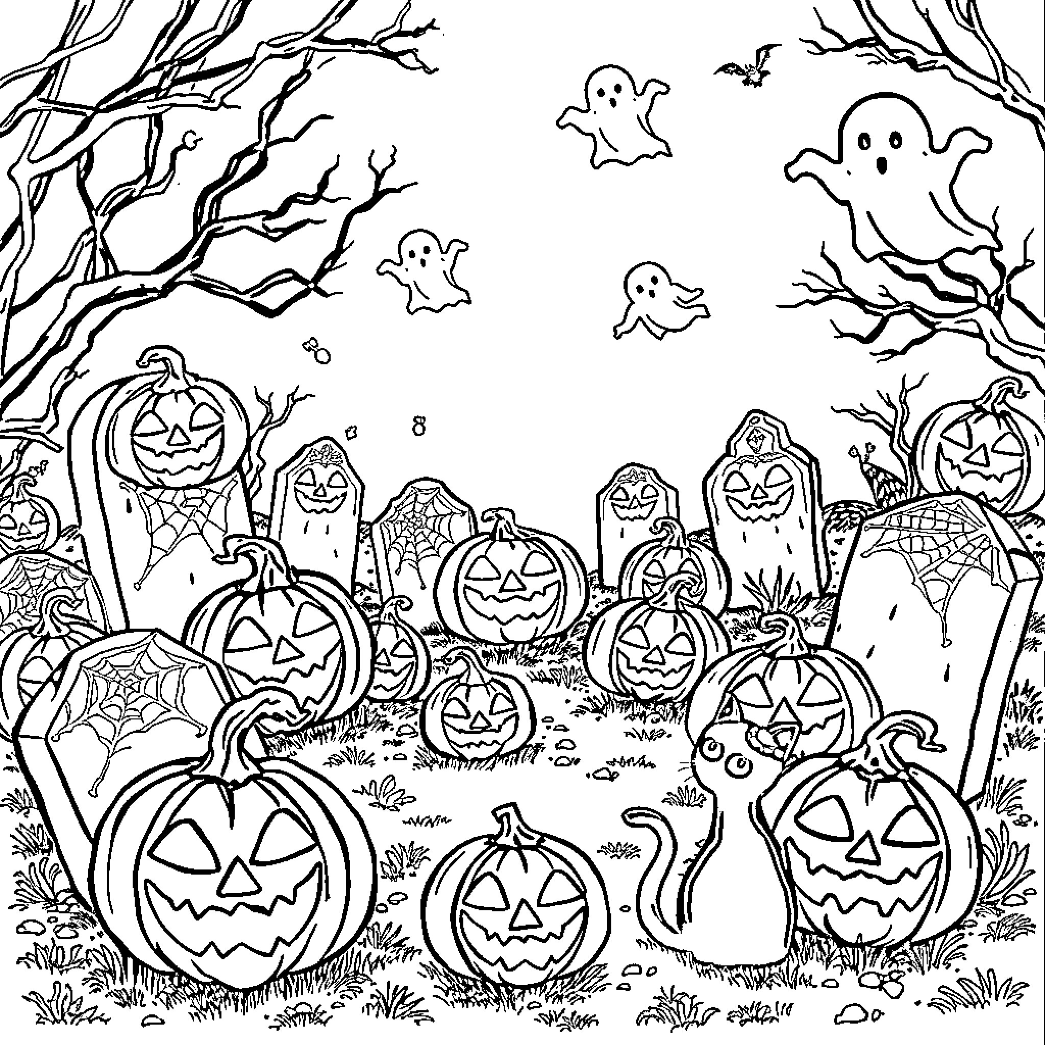 Halloween haunting scene with jack-o'-lanterns and ghostly figures Coloring Page (free black-and-white line drawing printable PDF for all, from beginners to advanced learners, including children, teens, adults, and seniors)