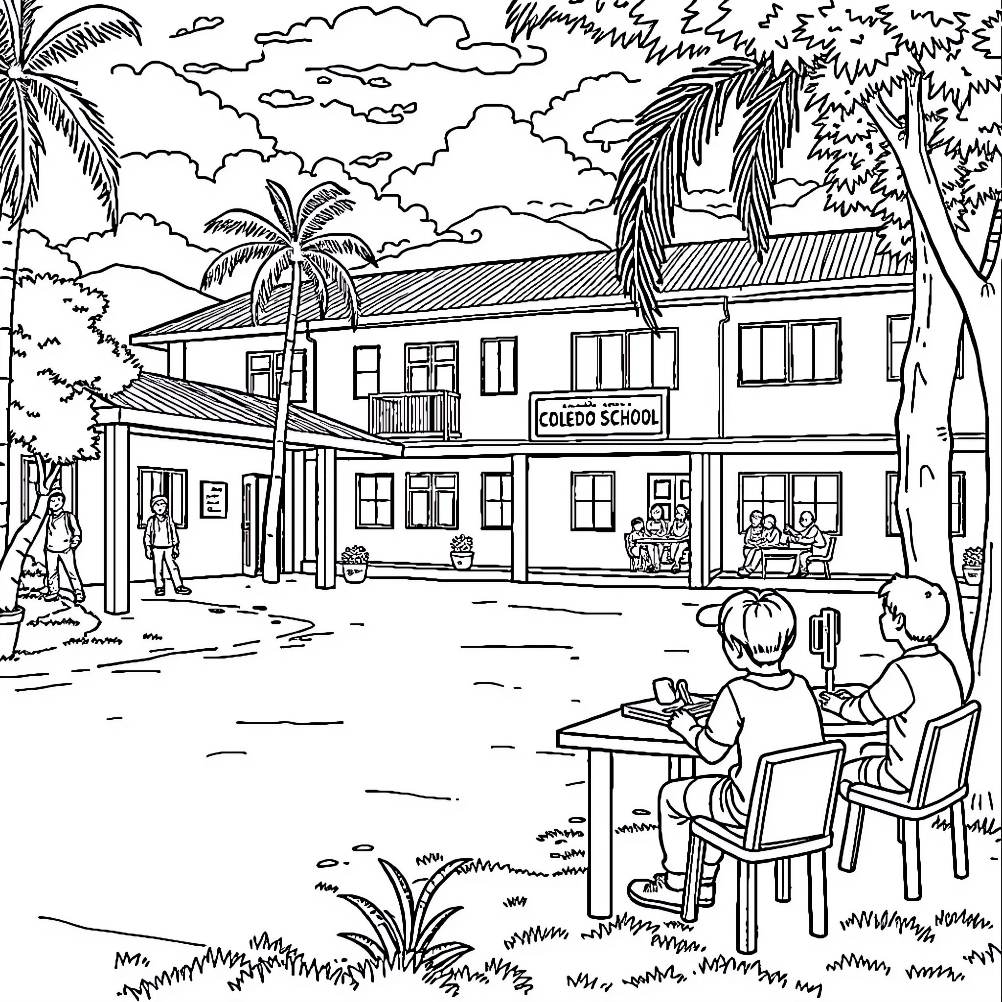 Colegio School in a Tropical Setting Coloring Page (free black-and-white line drawing printable PDF for all, from beginners to advanced learners, including children, teens, adults, and seniors)
