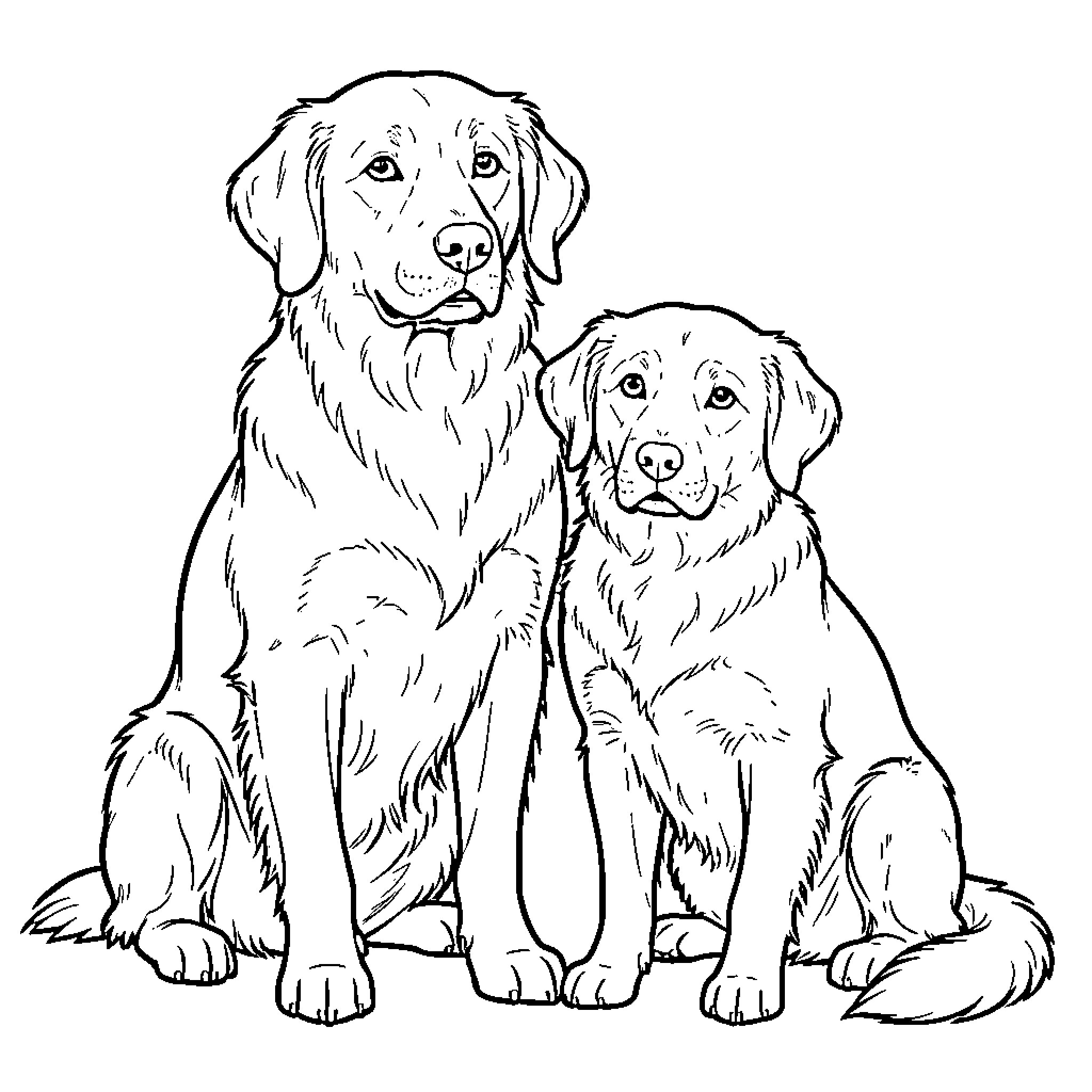 Dog sitting calmly next to another dog Coloring Page (free black-and-white line drawing printable PDF for all, from beginners to advanced learners, including children, teens, adults, and seniors)