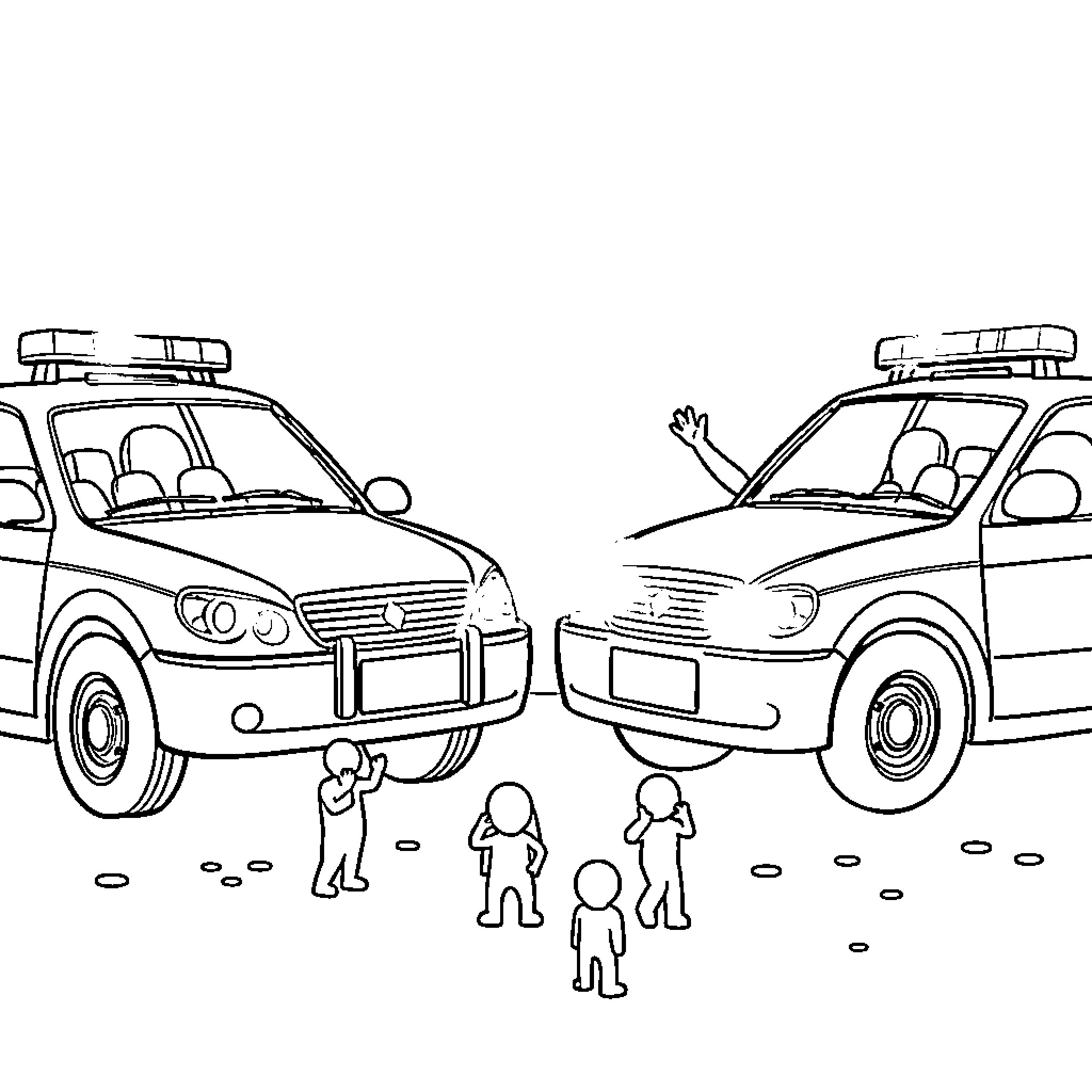 Police Cars at the Scene with Officers Coloring Page (free black-and-white line drawing printable PDF for all, from beginners to advanced learners, including children, teens, adults, and seniors)