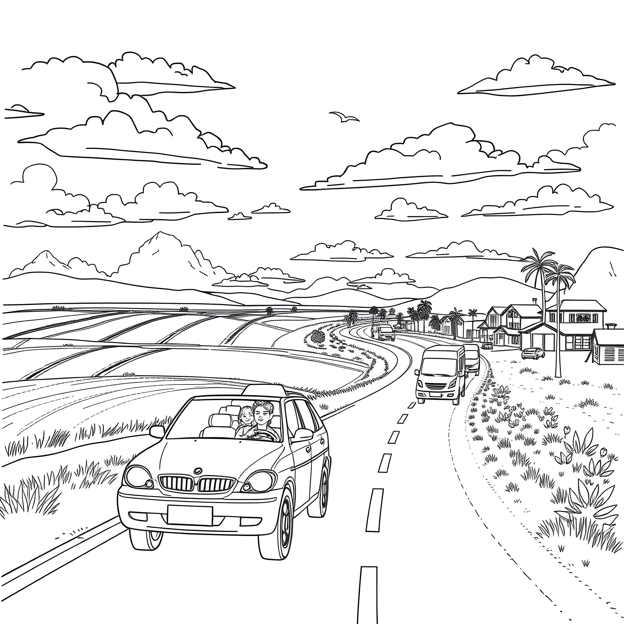 Travel through a scenic coastal landscape Coloring Page (free black-and-white line drawing printable PDF for all, from beginners to advanced learners, including children, teens, adults, and seniors)
