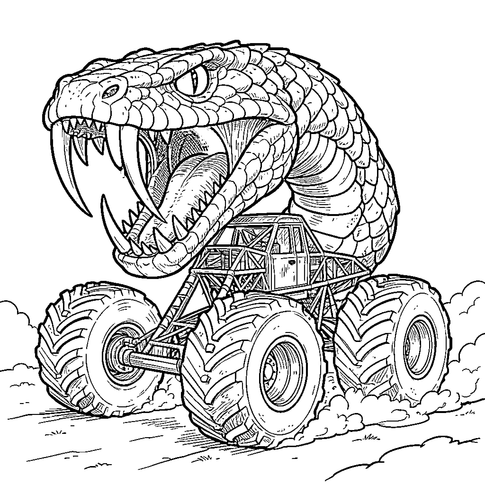 Monster Truck with Fierce Serpent Mascot Coloring Page (free black-and-white line drawing printable PDF for all, from beginners to advanced learners, including children, teens, adults, and seniors)