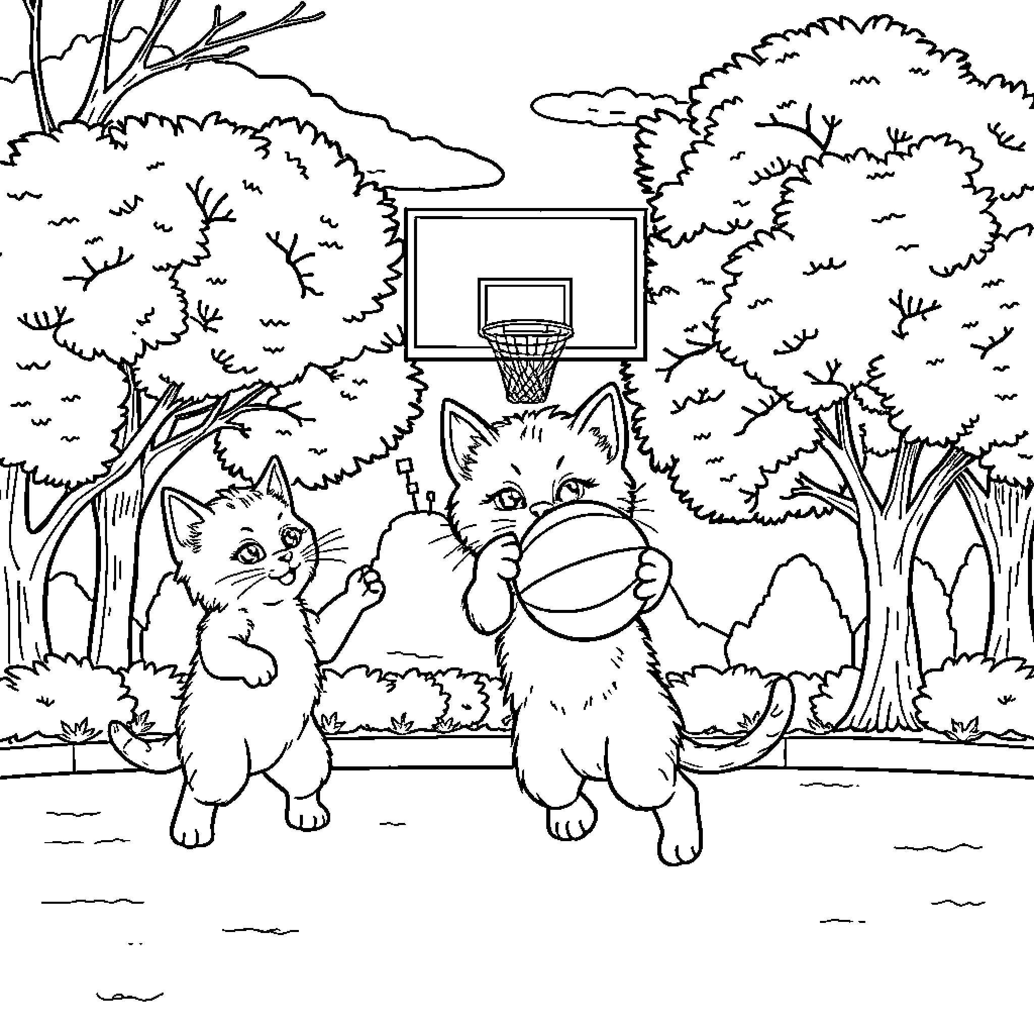 Cats playing basketball in the park Coloring Page (free black-and-white line drawing printable PDF for all, from beginners to advanced learners, including children, teens, adults, and seniors)
