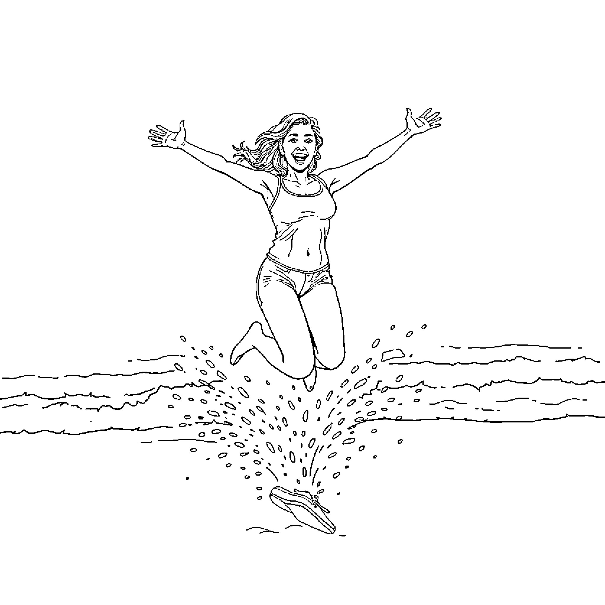 Woman joyfully jumping in the water Coloring Page (free black-and-white line drawing printable PDF for all, from beginners to advanced learners, including children, teens, adults, and seniors)