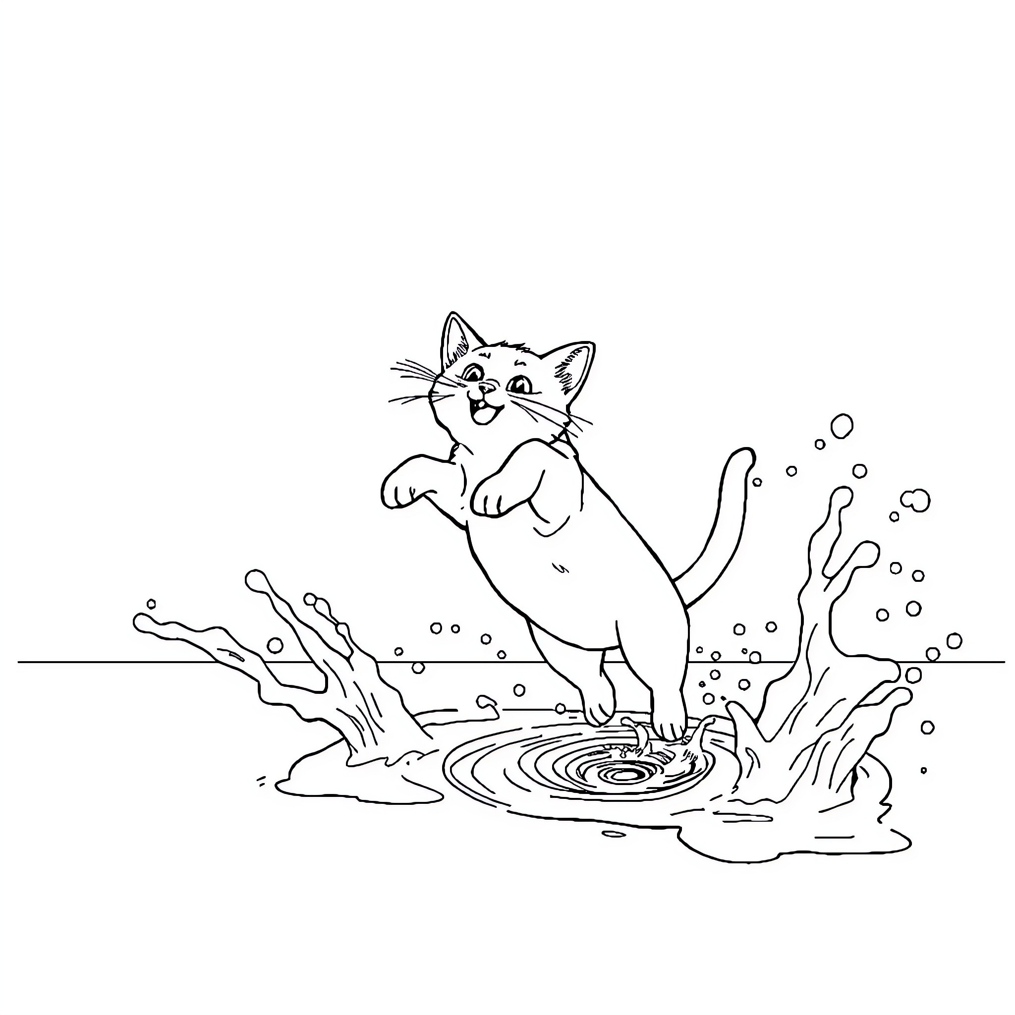 Cat playing in puddles Coloring Page (free black-and-white line drawing printable PDF for all, from beginners to advanced learners, including children, teens, adults, and seniors)