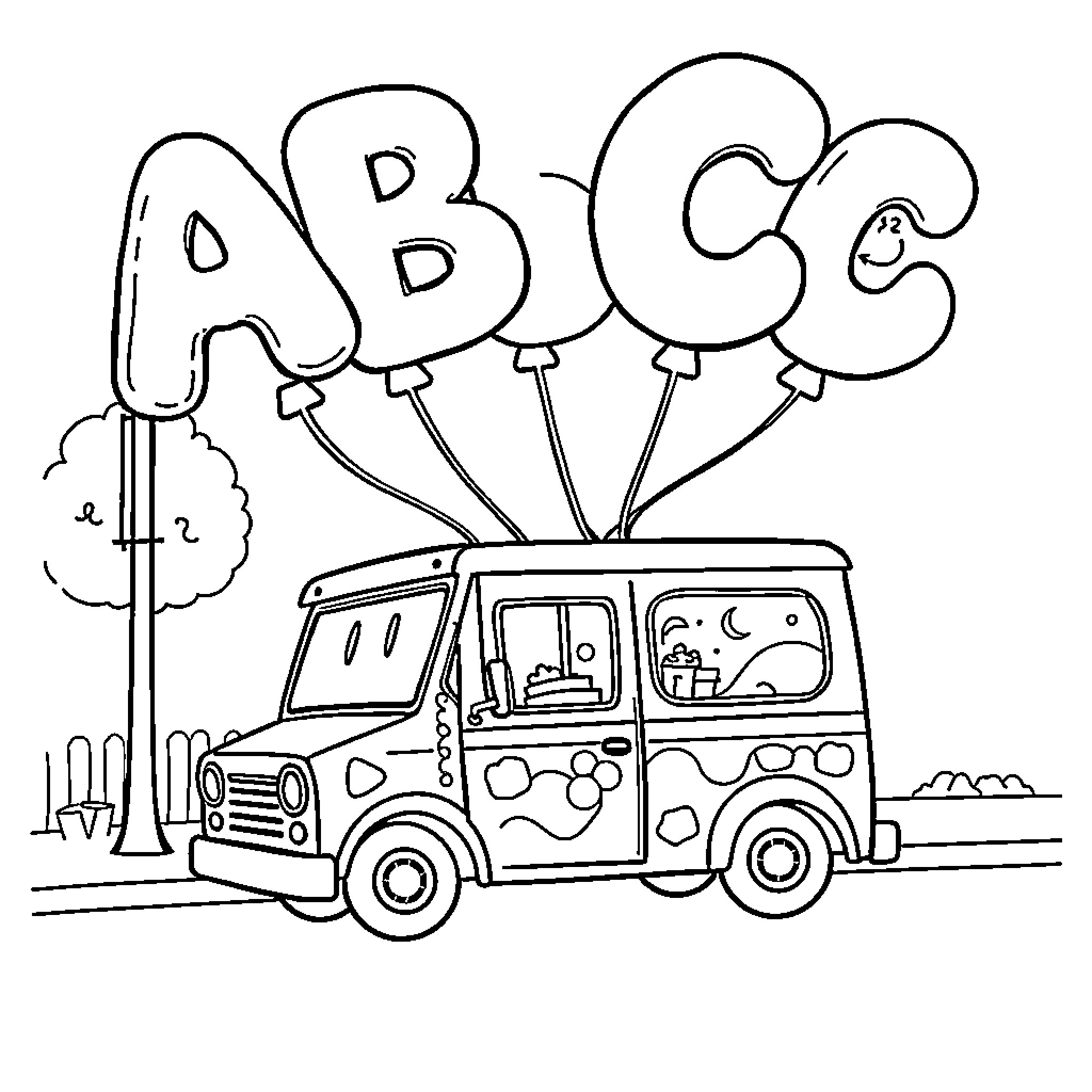 Balloon-themed van with happy letters Coloring Page (free black-and-white line drawing printable PDF for all, from beginners to advanced learners, including children, teens, adults, and seniors)