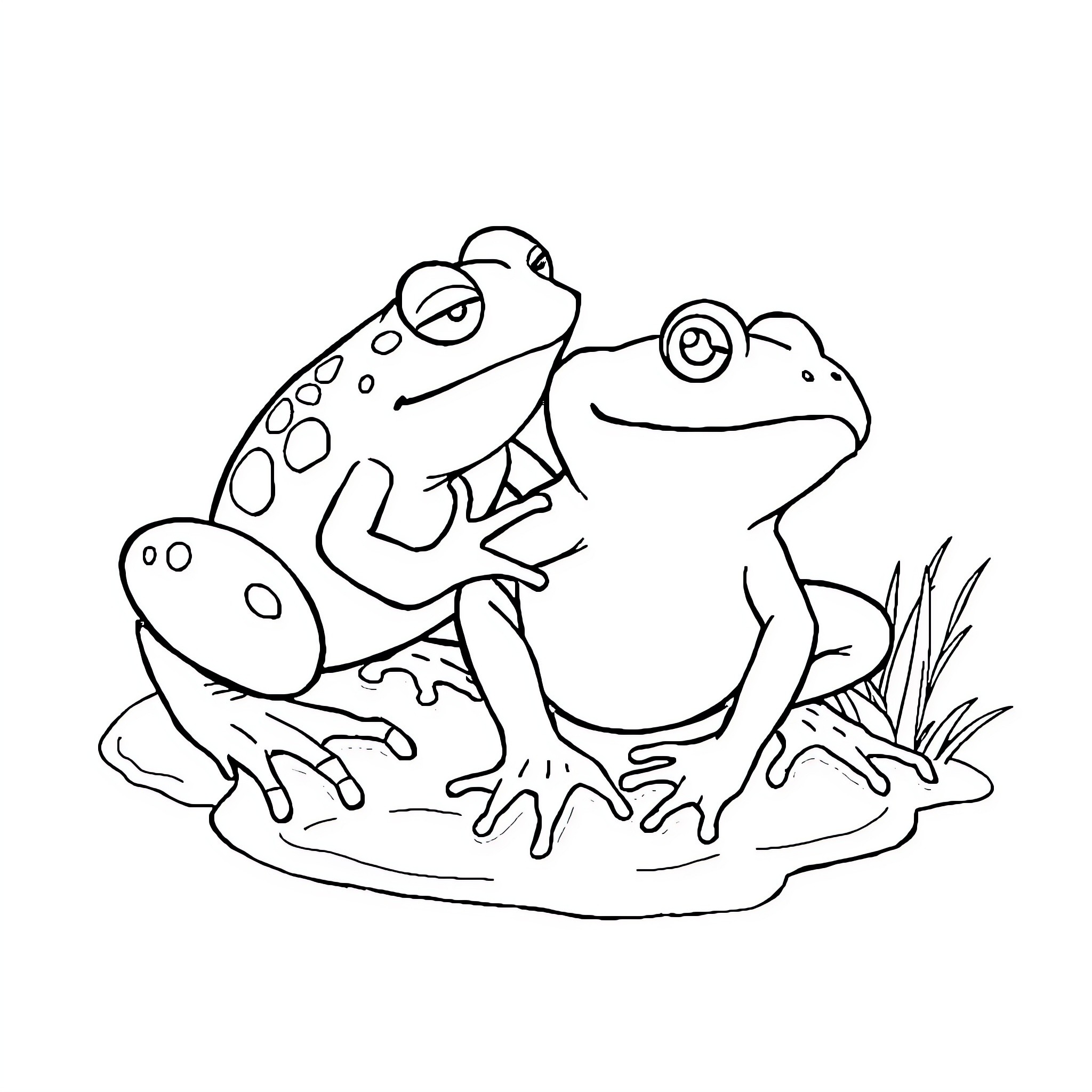 Frogs sitting together on a lily pad Coloring Page (free black-and-white line drawing printable PDF for all, from beginners to advanced learners, including children, teens, adults, and seniors)