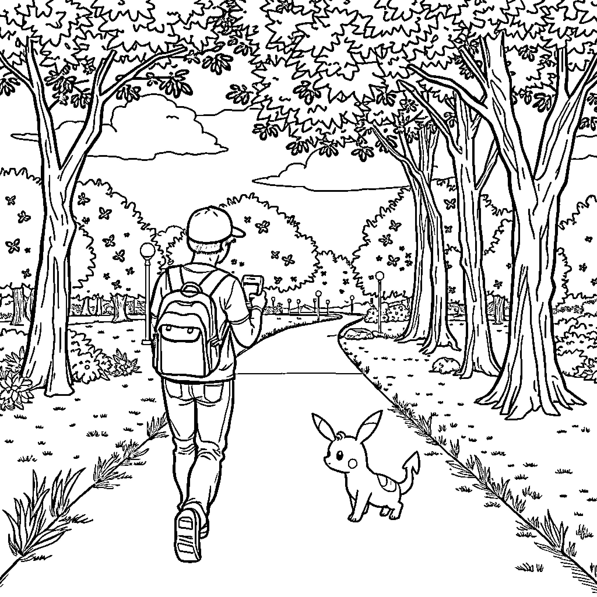 PokemonGo hike with furry companion in the woods Coloring Page (free black-and-white line drawing printable PDF for all, from beginners to advanced learners, including children, teens, adults, and seniors)