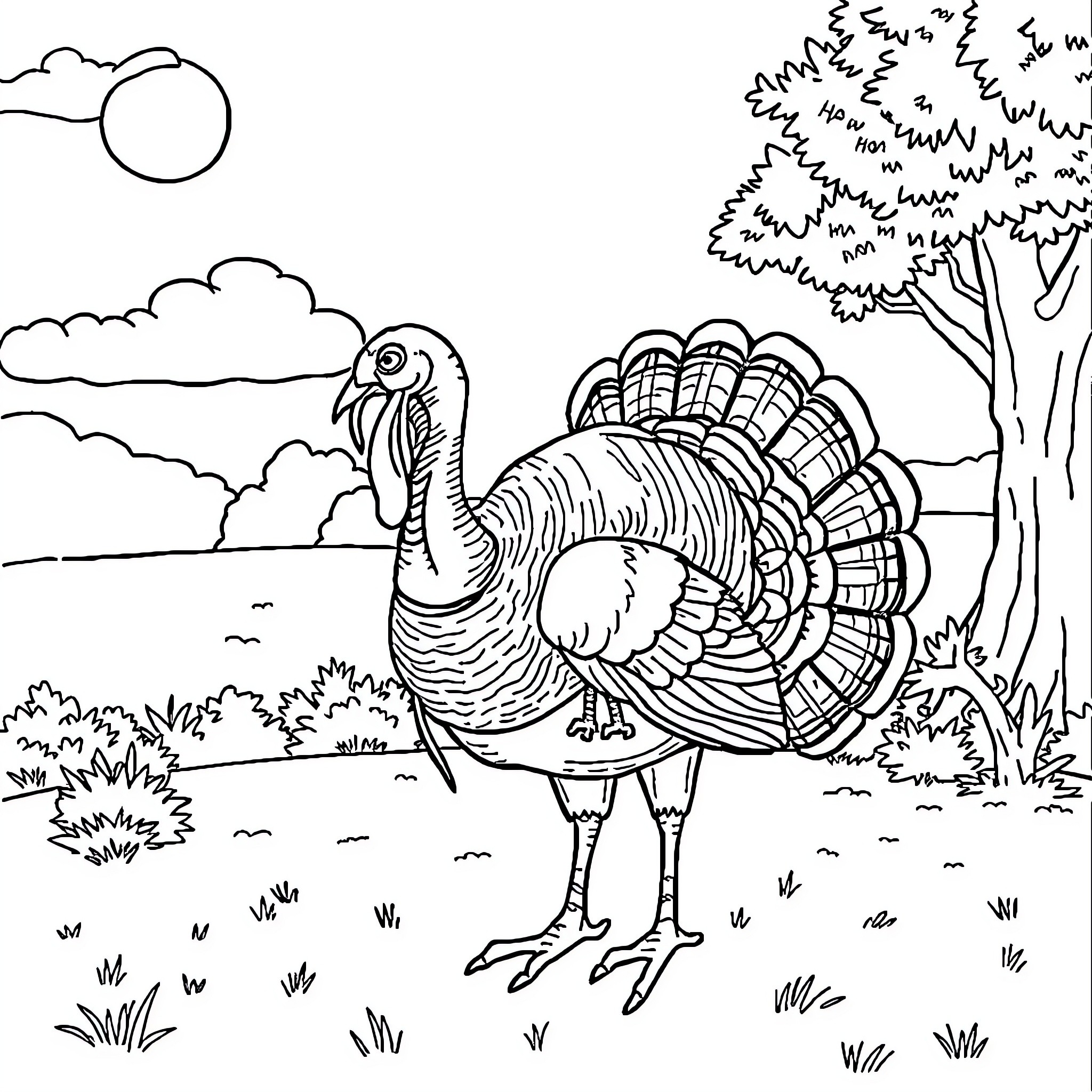 Turkey in Scenic Landscape Coloring Page (free black-and-white line drawing printable PDF for all, from beginners to advanced learners, including children, teens, adults, and seniors)