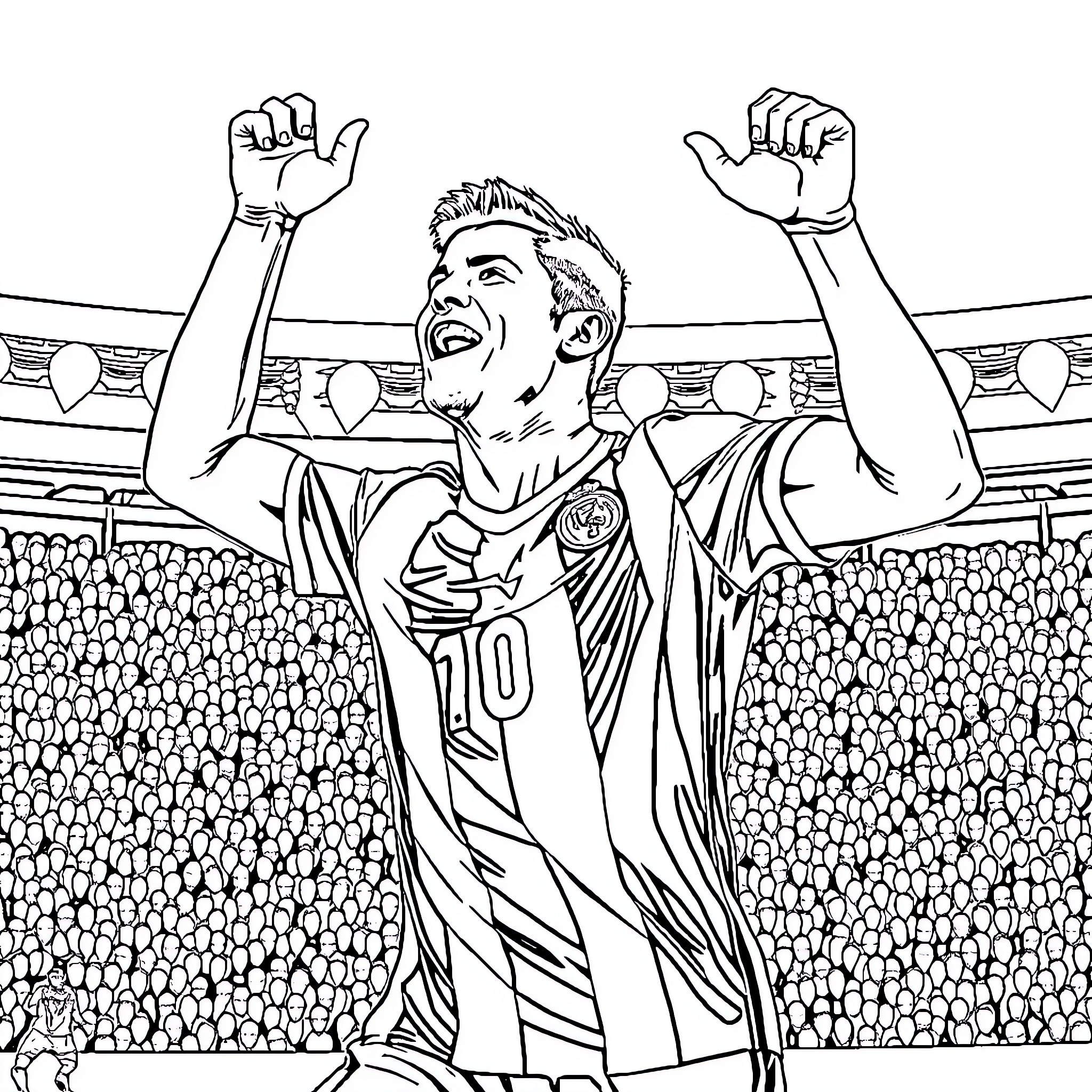 Ronaldo celebrating triumphantly on the pitch Coloring Page (free black-and-white line drawing printable PDF for all, from beginners to advanced learners, including children, teens, adults, and seniors)