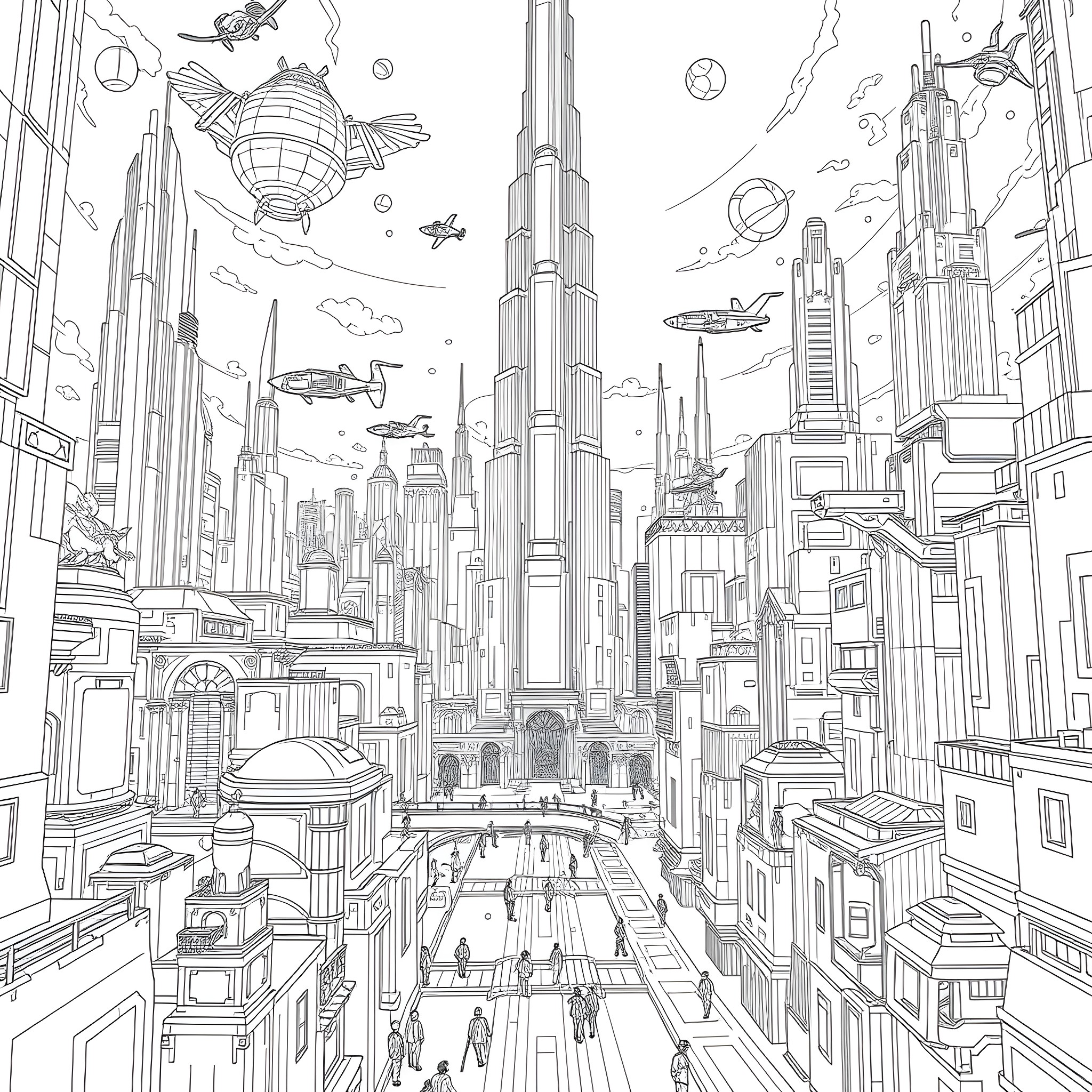 World of Futuristic Cityscape with Skyscrapers and Airborne Vehicles Coloring Page (free black-and-white line drawing printable PDF for all, from beginners to advanced learners, including children, teens, adults, and seniors)