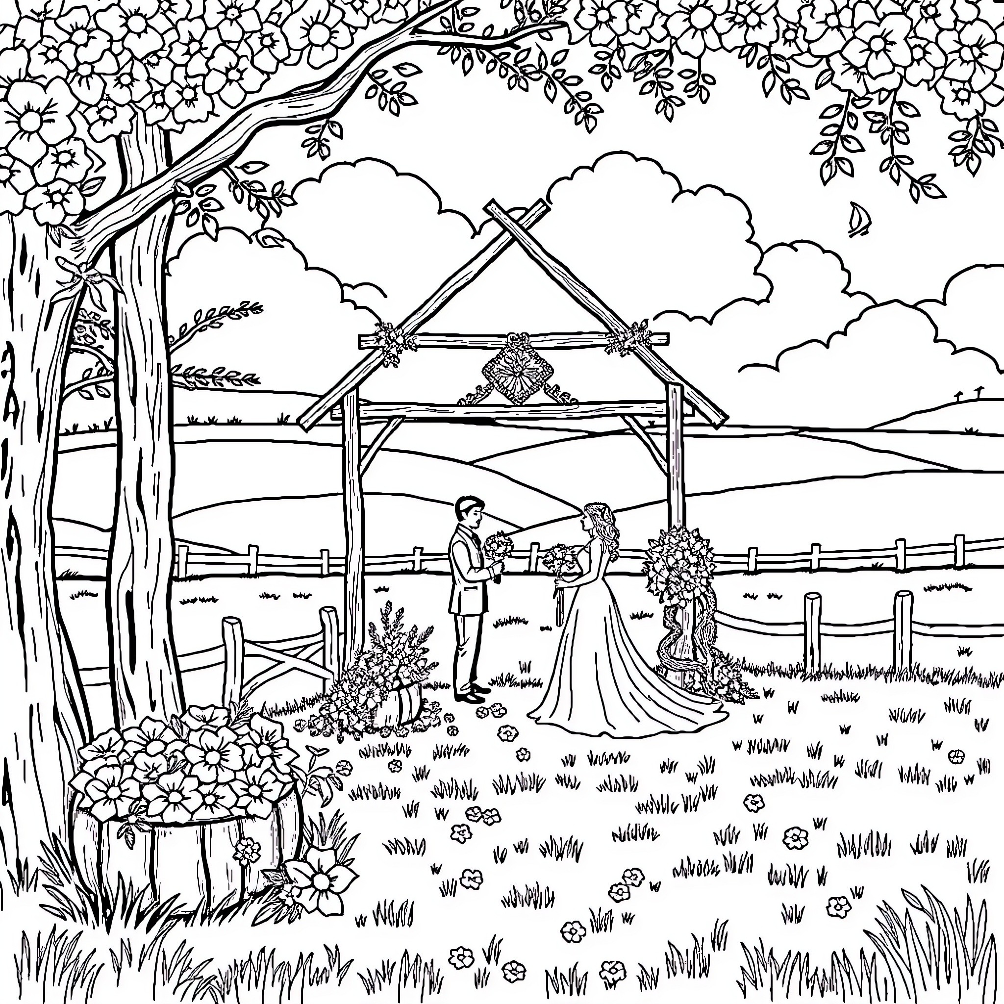 Wedding Ceremony in Serene Outdoor Setting Coloring Page (free black-and-white line drawing printable PDF for all, from beginners to advanced learners, including children, teens, adults, and seniors)