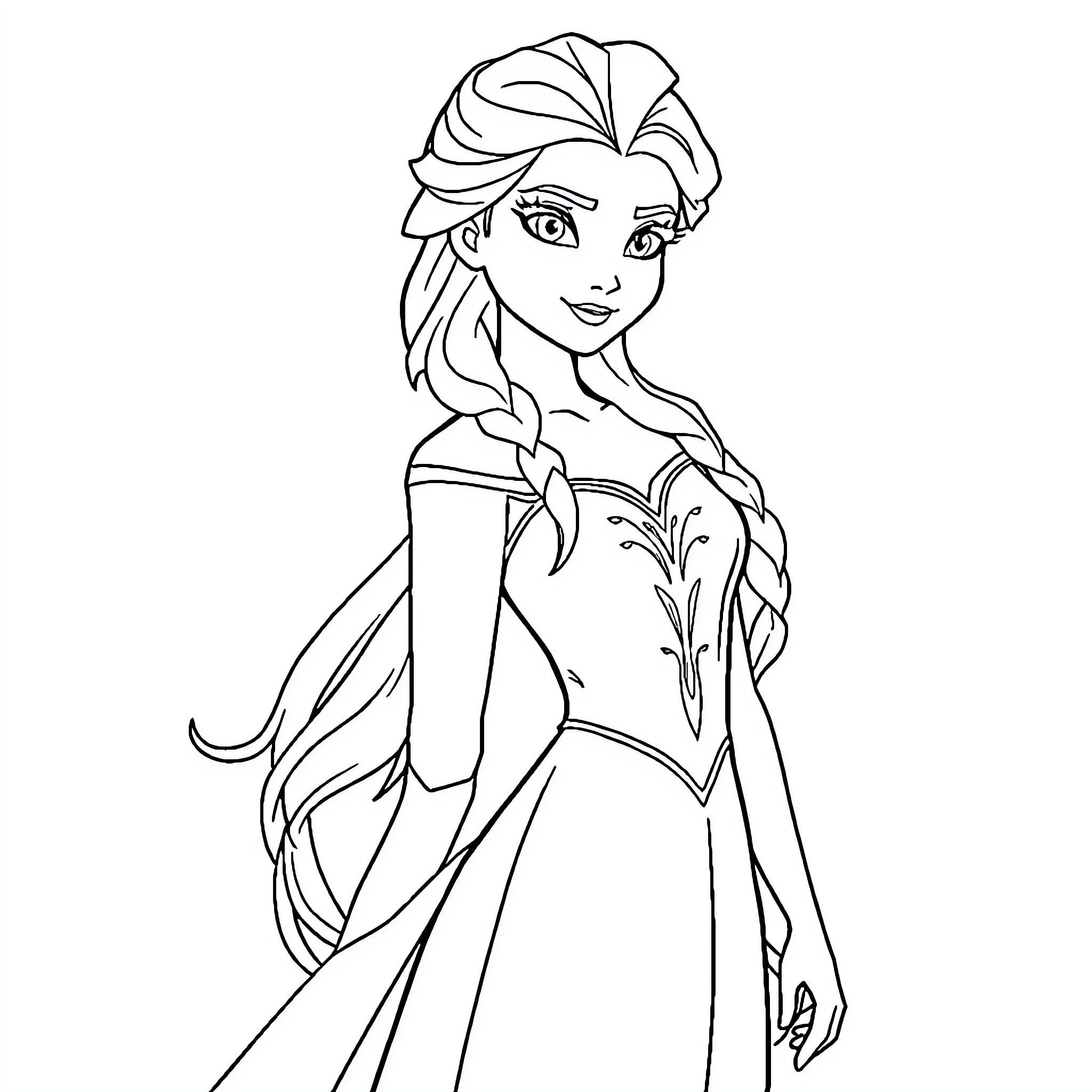 Elsa in a Regal Gown Expressing Confidence Coloring Page (free black-and-white line drawing printable PDF for all, from beginners to advanced learners, including children, teens, adults, and seniors)