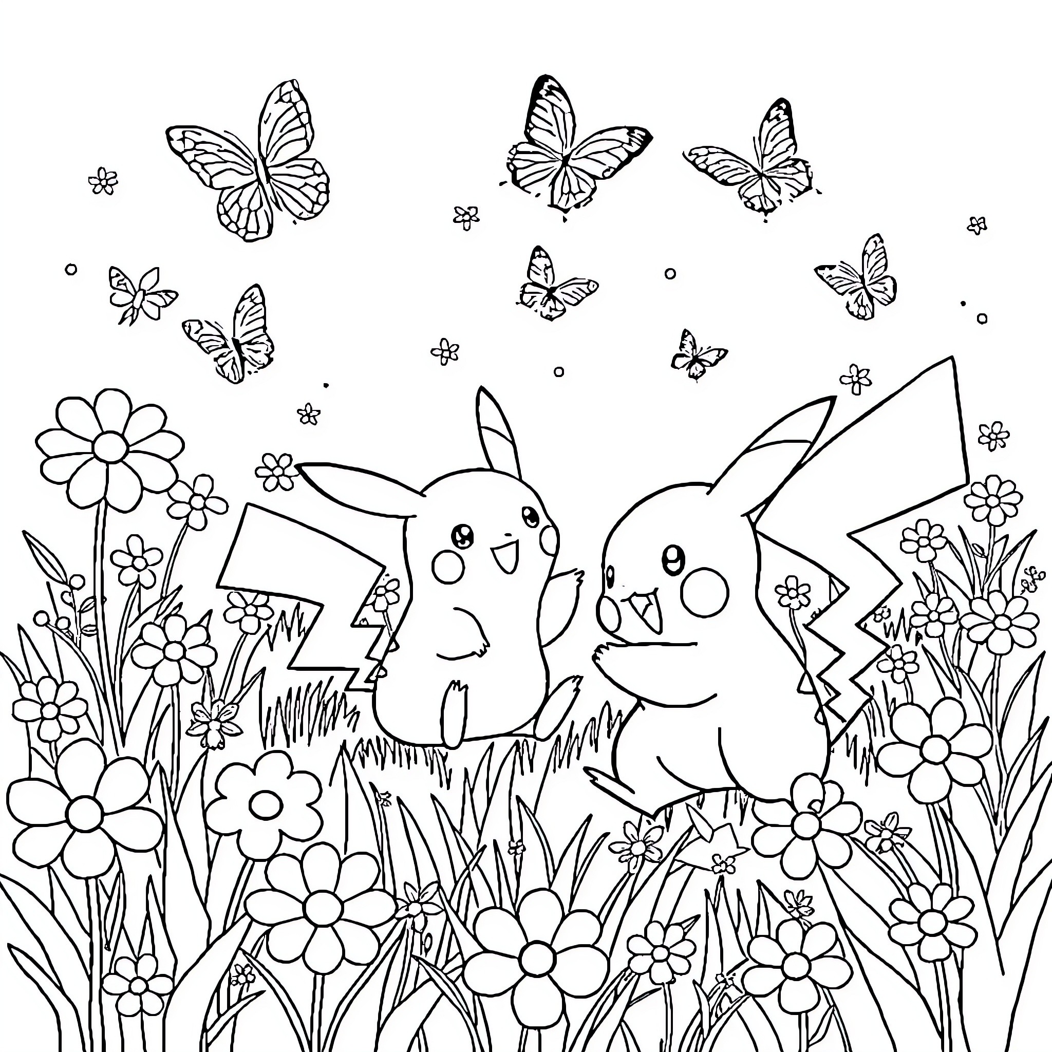 Pikachu enjoying flowers and butterflies in nature Coloring Page (free black-and-white line drawing printable PDF for all, from beginners to advanced learners, including children, teens, adults, and seniors)