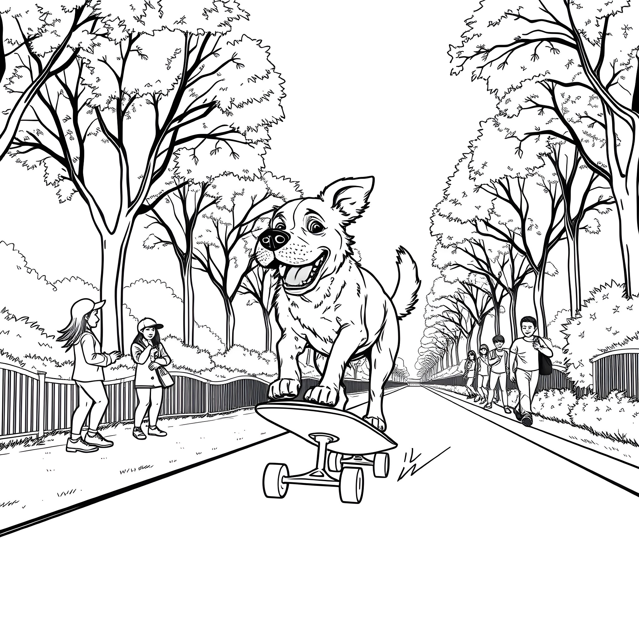 Dog playing happily with kids on skateboards in the park Coloring Page (free black-and-white line drawing printable PDF for all, from beginners to advanced learners, including children, teens, adults, and seniors)