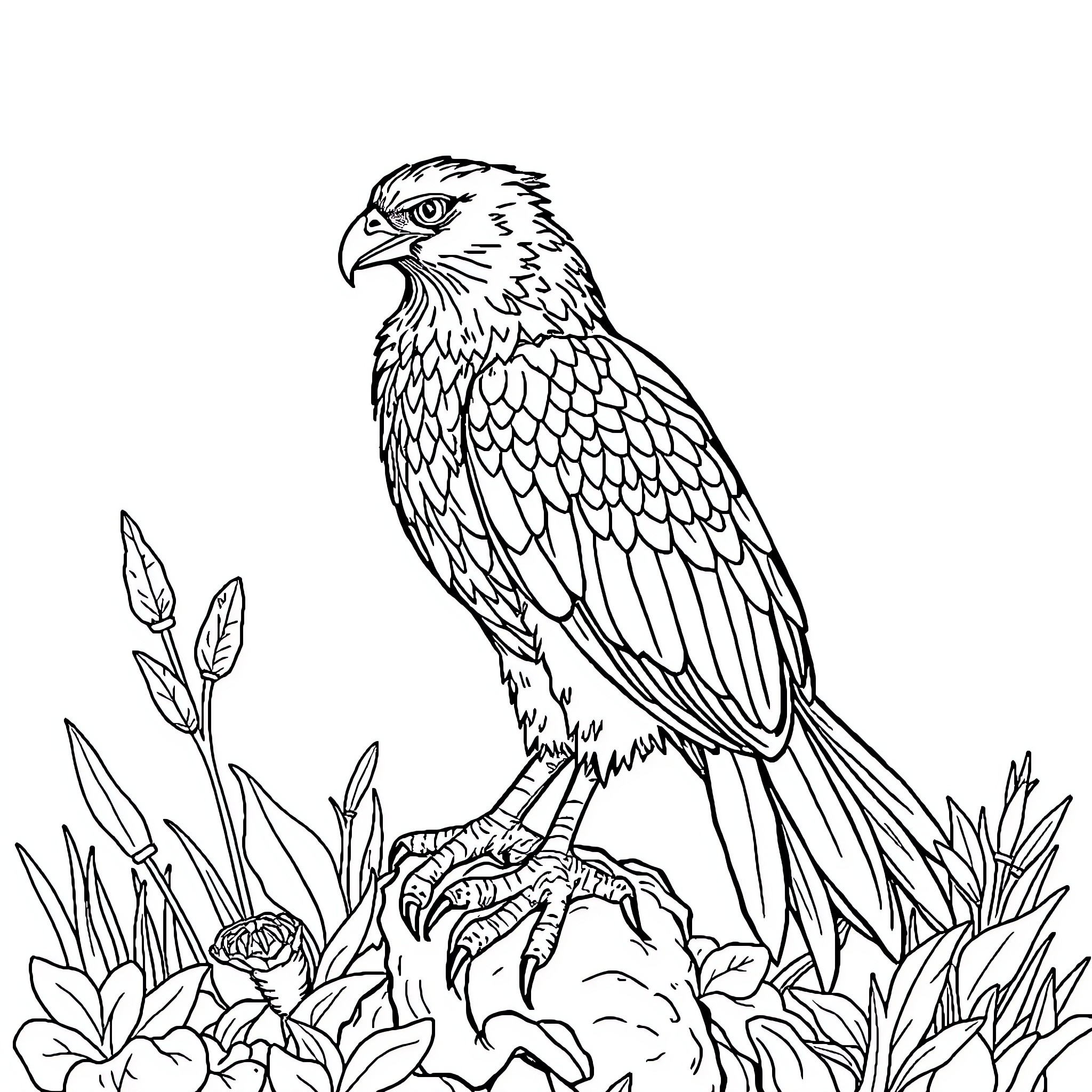 Fenix bird perched amid lush vegetation Coloring Page (free black-and-white line drawing printable PDF for all, from beginners to advanced learners, including children, teens, adults, and seniors)