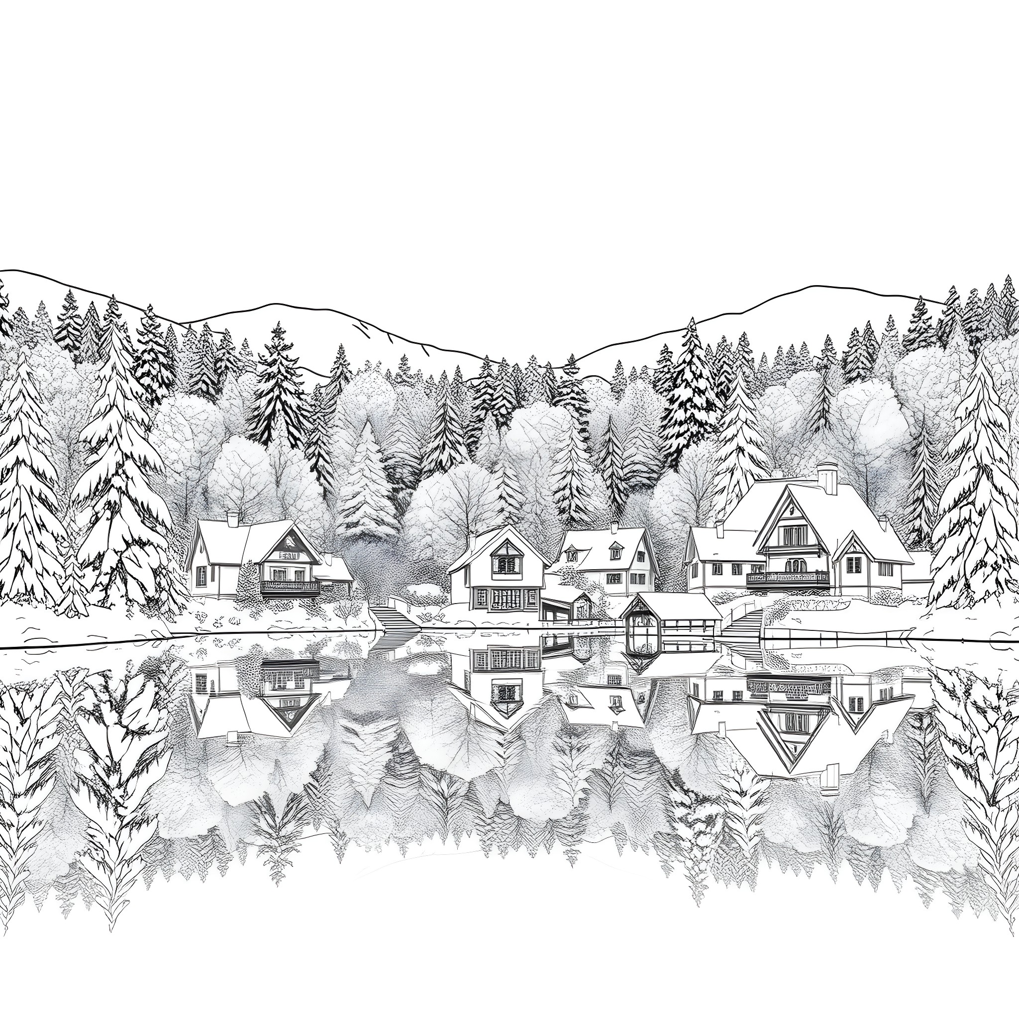 Lake surrounded by snowy trees and winter cabins Coloring Page (free black-and-white line drawing printable PDF for all, from beginners to advanced learners, including children, teens, adults, and seniors)