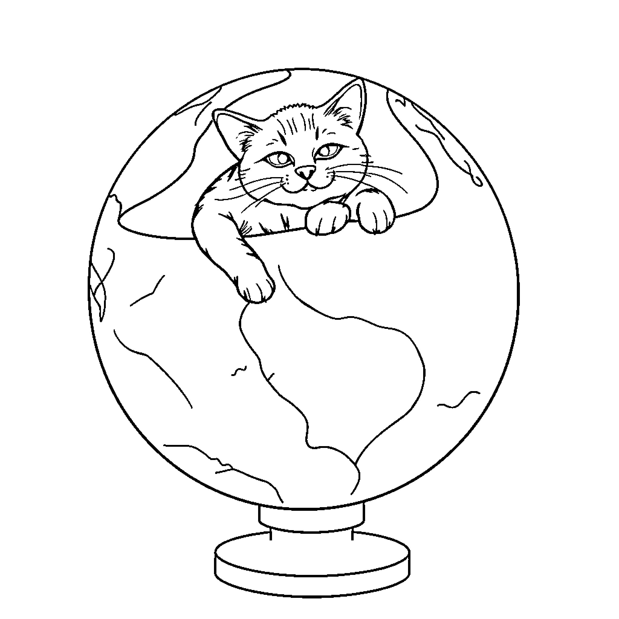 Globo Cat Peering Curiously from Sphere Coloring Page (free black-and-white line drawing printable PDF for all, from beginners to advanced learners, including children, teens, adults, and seniors)