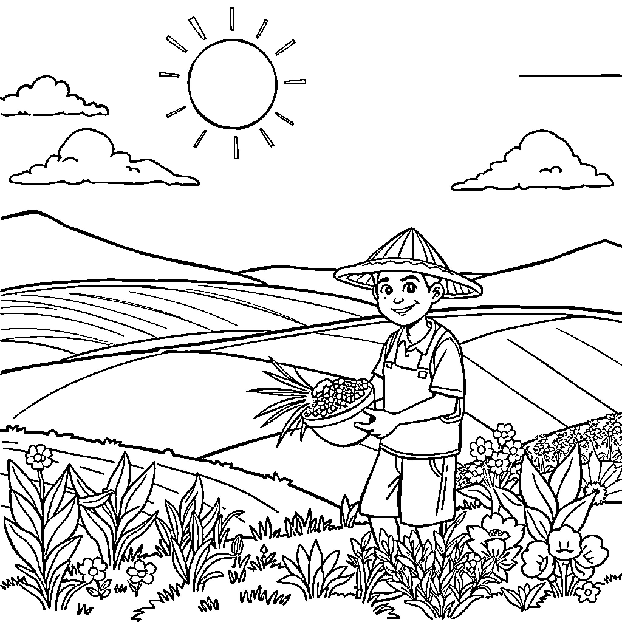 Filipino farmer happily working in lush countryside Coloring Page (free black-and-white line drawing printable PDF for all, from beginners to advanced learners, including children, teens, adults, and seniors)