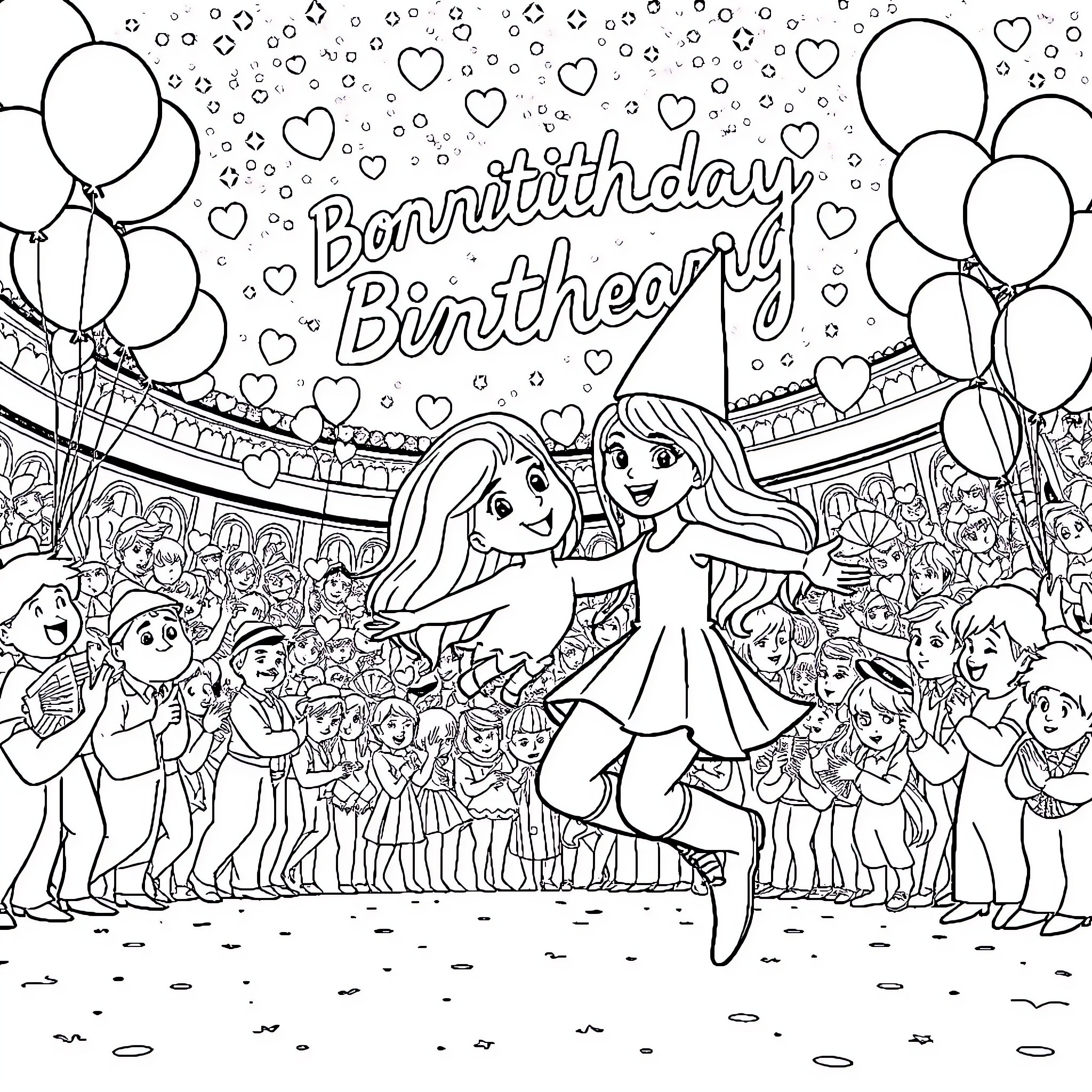 Zoey's Birthday Party Celebration Coloring Page (free black-and-white line drawing printable PDF for all, from beginners to advanced learners, including children, teens, adults, and seniors)