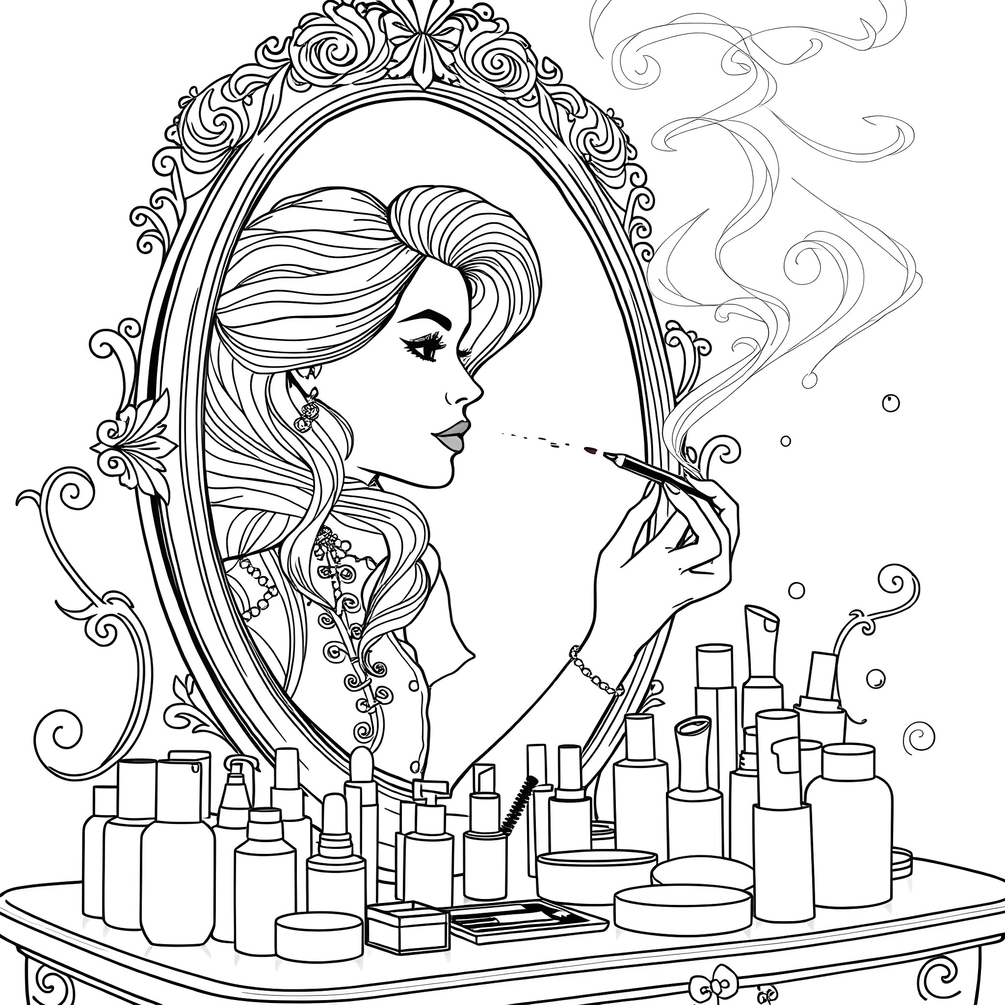 Woman applying makeup in front of a decorative mirror Coloring Page (free black-and-white line drawing printable PDF for all, from beginners to advanced learners, including children, teens, adults, and seniors)