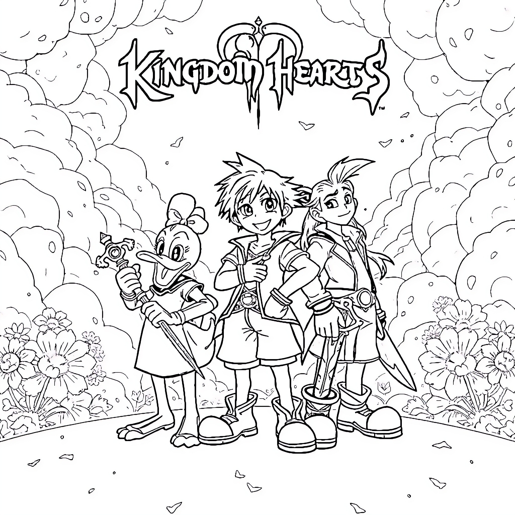 Kingdom Hearts: Young Adventurers Explore Fantastical World Coloring Page (free black-and-white line drawing printable PDF for all, from beginners to advanced learners, including children, teens, adults, and seniors)