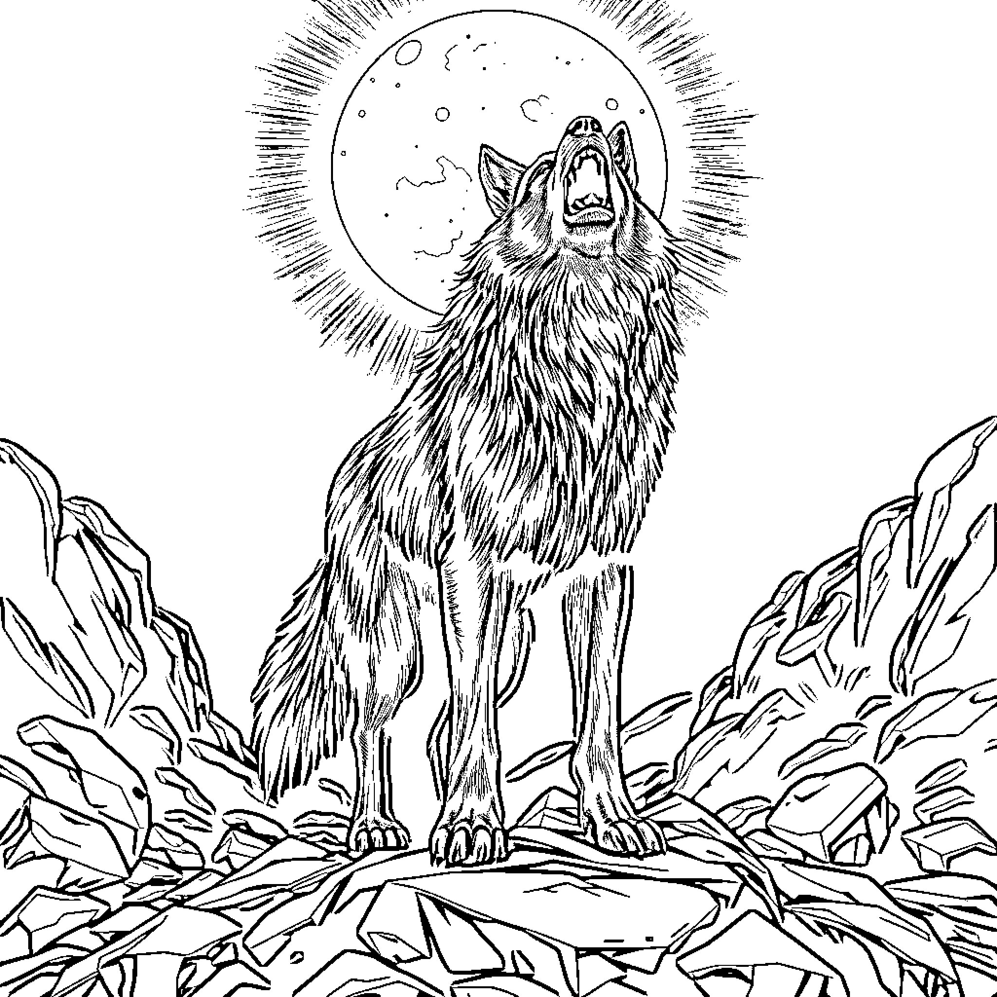 Werewolf howling at the full moon in the wilderness Coloring Page (free black-and-white line drawing printable PDF for all, from beginners to advanced learners, including children, teens, adults, and seniors)