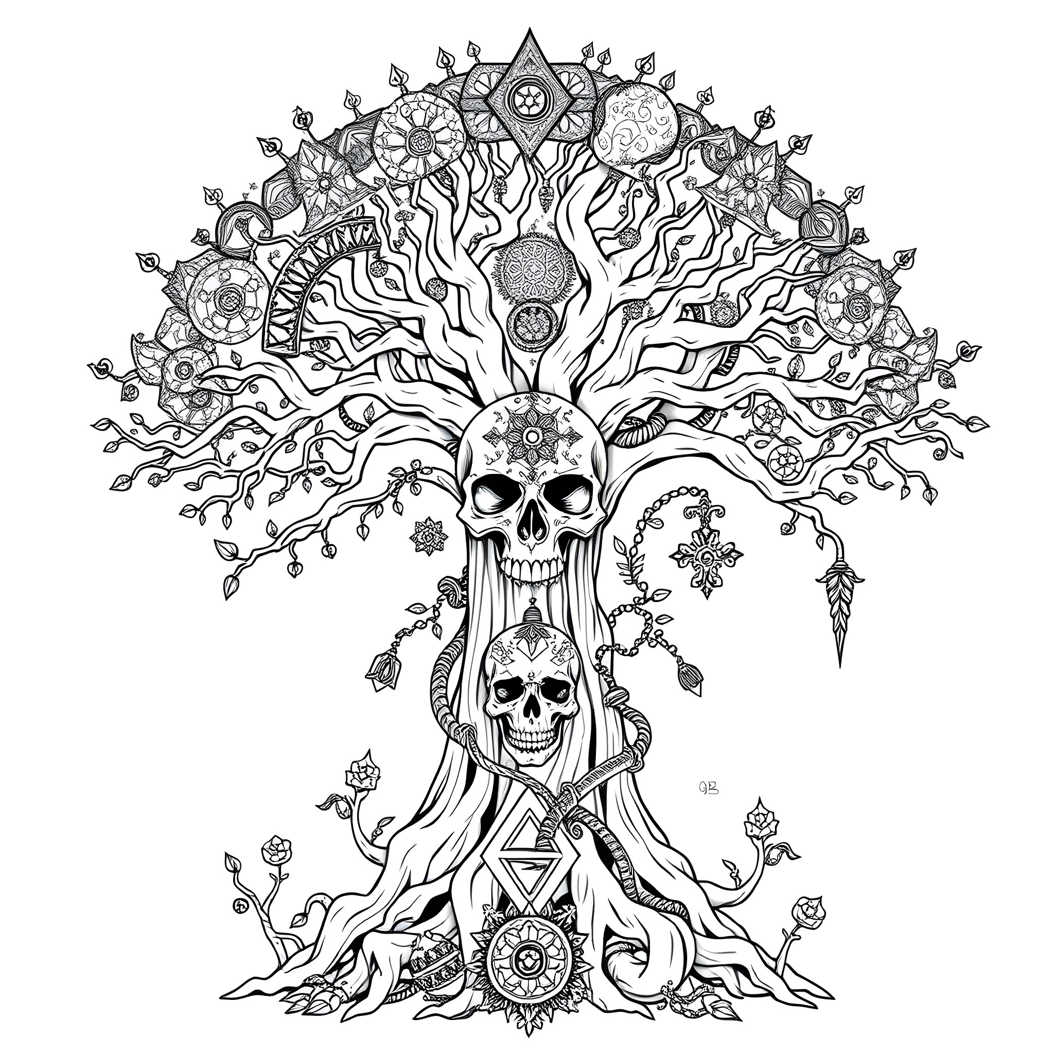 Tree of Skull-Faced Figures Adorned with Intricate Patterns Coloring Page (free black-and-white line drawing printable PDF for all, from beginners to advanced learners, including children, teens, adults, and seniors)