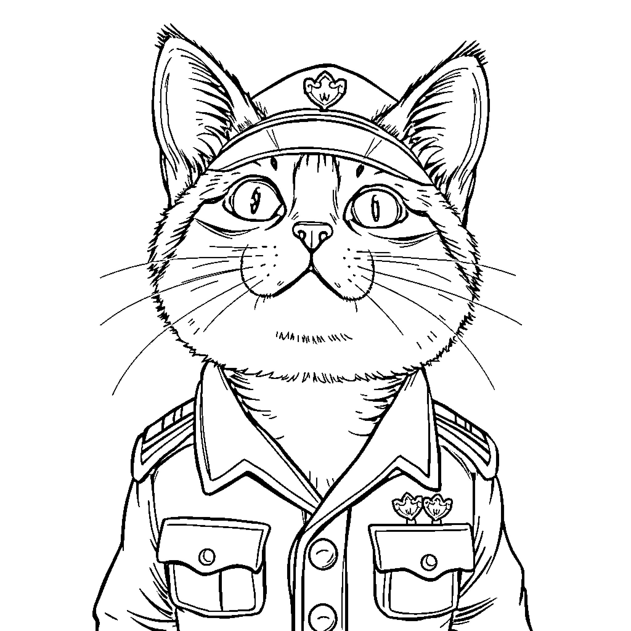 Cat in military uniform with hat Coloring Page (free black-and-white line drawing printable PDF for all, from beginners to advanced learners, including children, teens, adults, and seniors)