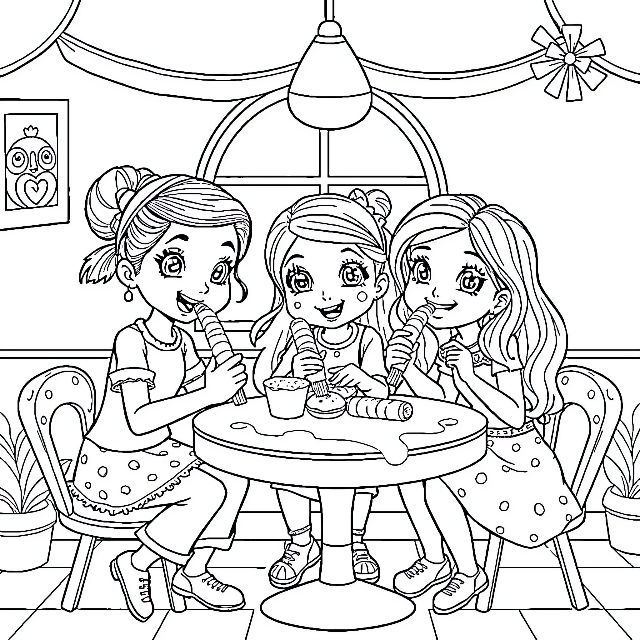 Gabby Dollhouse Girls Enjoying Sweet Treats Together Coloring Page (free black-and-white line drawing printable PDF for all, from beginners to advanced learners, including children, teens, adults, and seniors)