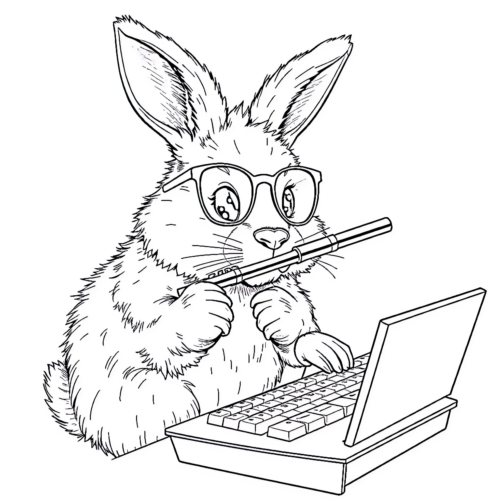 Rabbit using a laptop with glasses Coloring Page (free black-and-white line drawing printable PDF for all, from beginners to advanced learners, including children, teens, adults, and seniors)