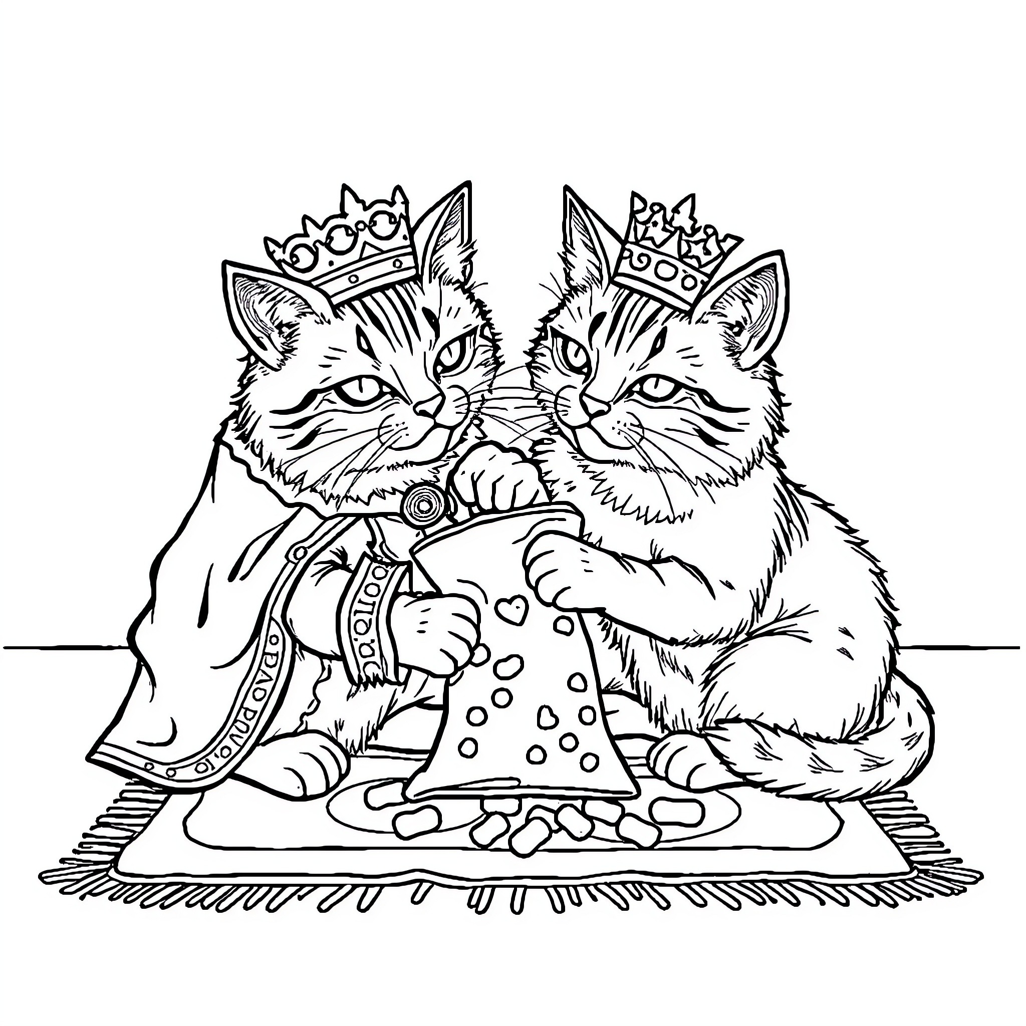 Cat Royals Enjoying a Fancy Feast Coloring Page (free black-and-white line drawing printable PDF for all, from beginners to advanced learners, including children, teens, adults, and seniors)