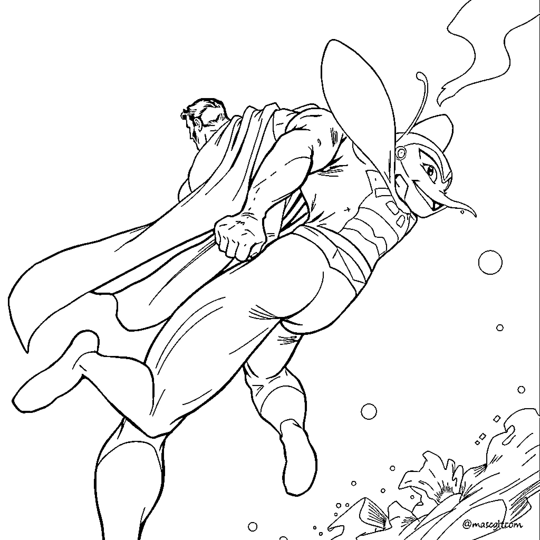 Superman soaring powerfully through the air Coloring Page (free black-and-white line drawing printable PDF for all, from beginners to advanced learners, including children, teens, adults, and seniors)