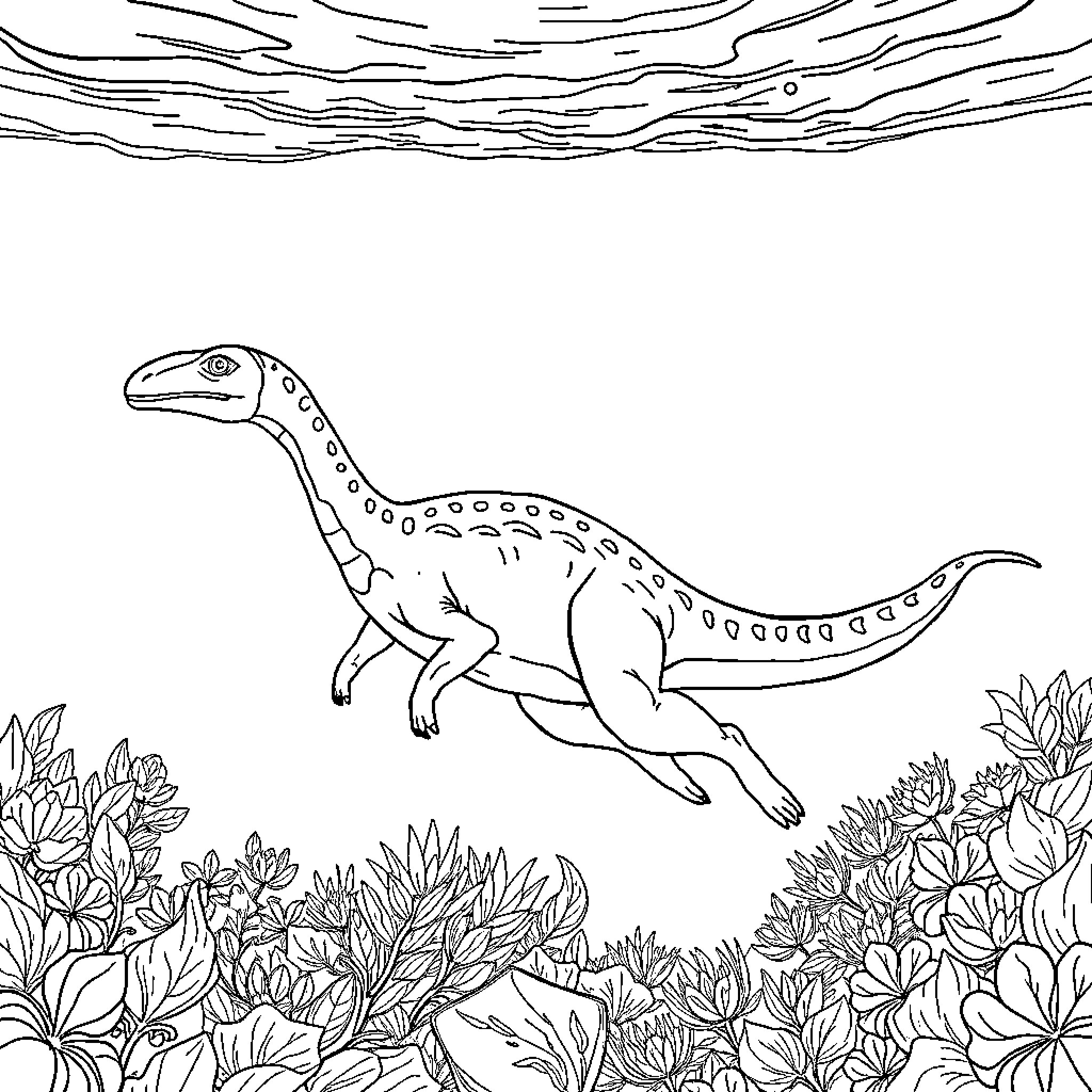 Dinosaur exploring lush prehistoric foliage Coloring Page (free black-and-white line drawing printable PDF for all, from beginners to advanced learners, including children, teens, adults, and seniors)