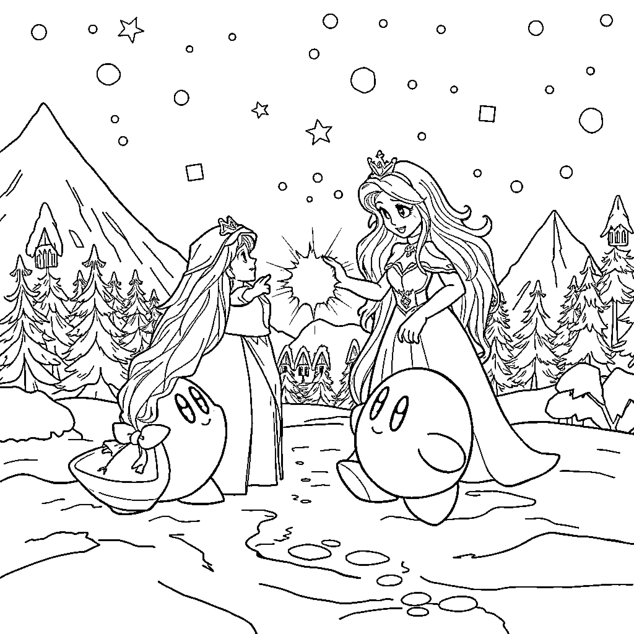 Reine des Neiges: Winter Wonderland Adventure Coloring Page (free black-and-white line drawing printable PDF for all, from beginners to advanced learners, including children, teens, adults, and seniors)