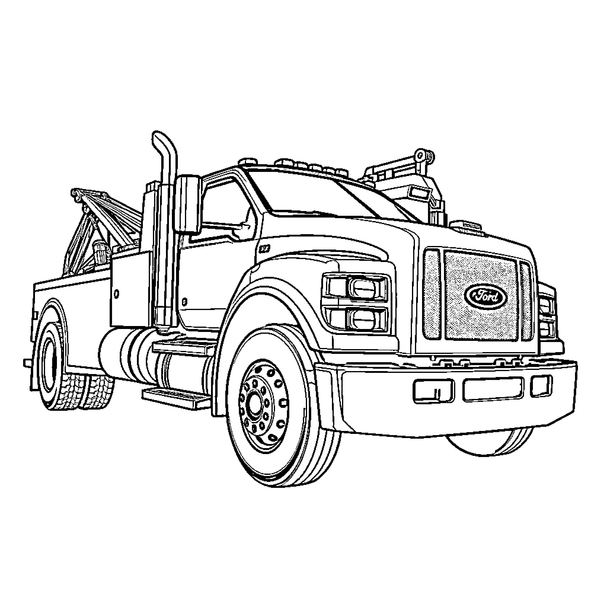 Tow Truck Transporting Heavy Vehicle on the Road Coloring Page (free black-and-white line drawing printable PDF for all, from beginners to advanced learners, including children, teens, adults, and seniors)