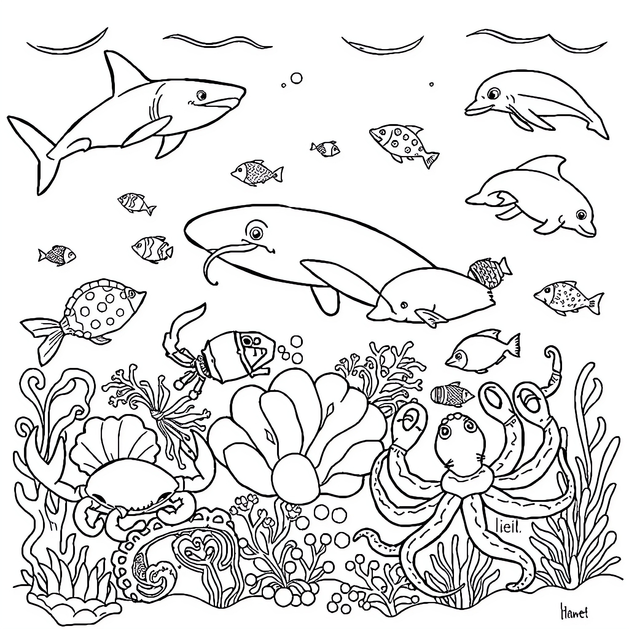 Animal Oceanic Creatures in Underwater Habitat Coloring Page (free black-and-white line drawing printable PDF for all, from beginners to advanced learners, including children, teens, adults, and seniors)