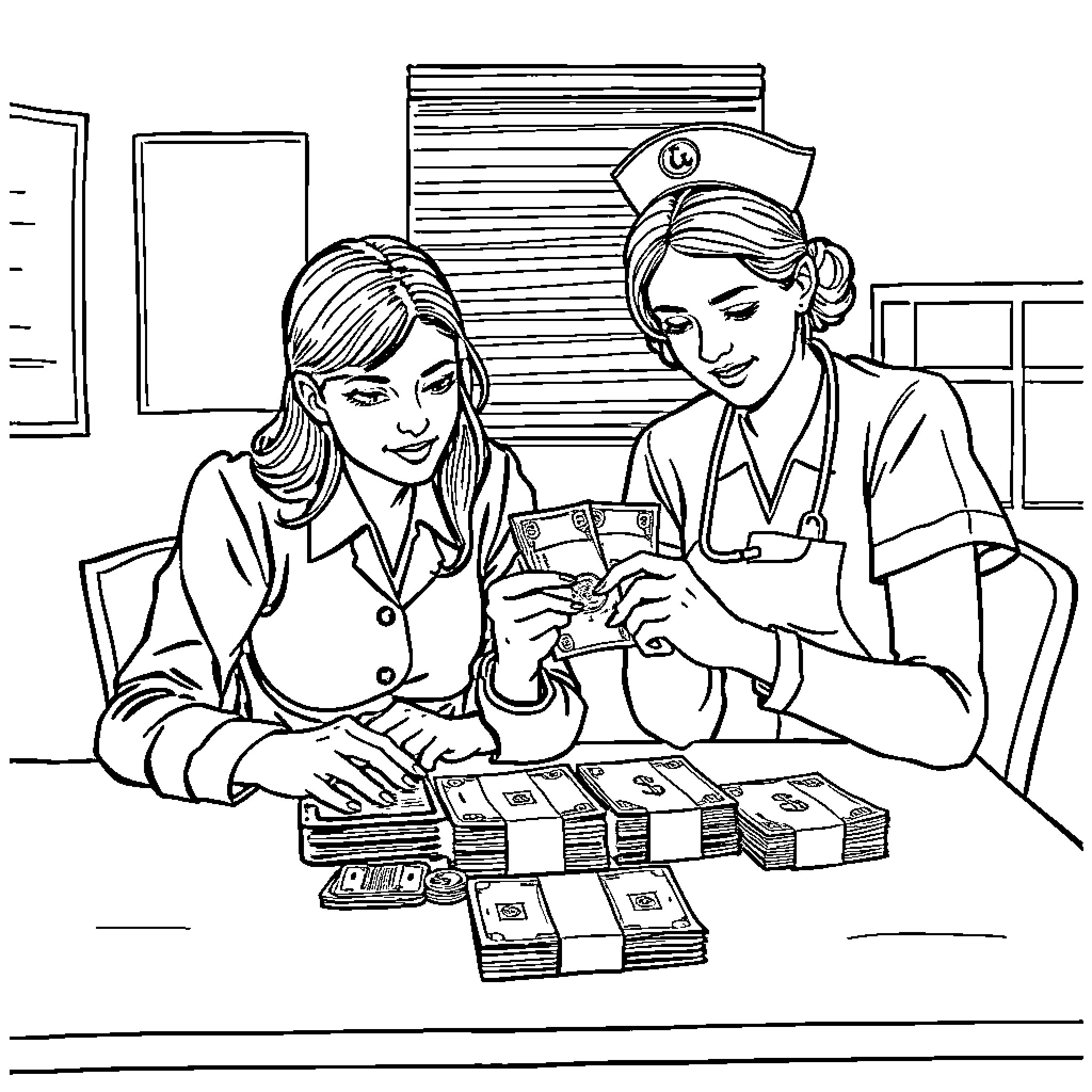 Teacher and Student Counting Money Together Coloring Page (free black-and-white line drawing printable PDF for all, from beginners to advanced learners, including children, teens, adults, and seniors)