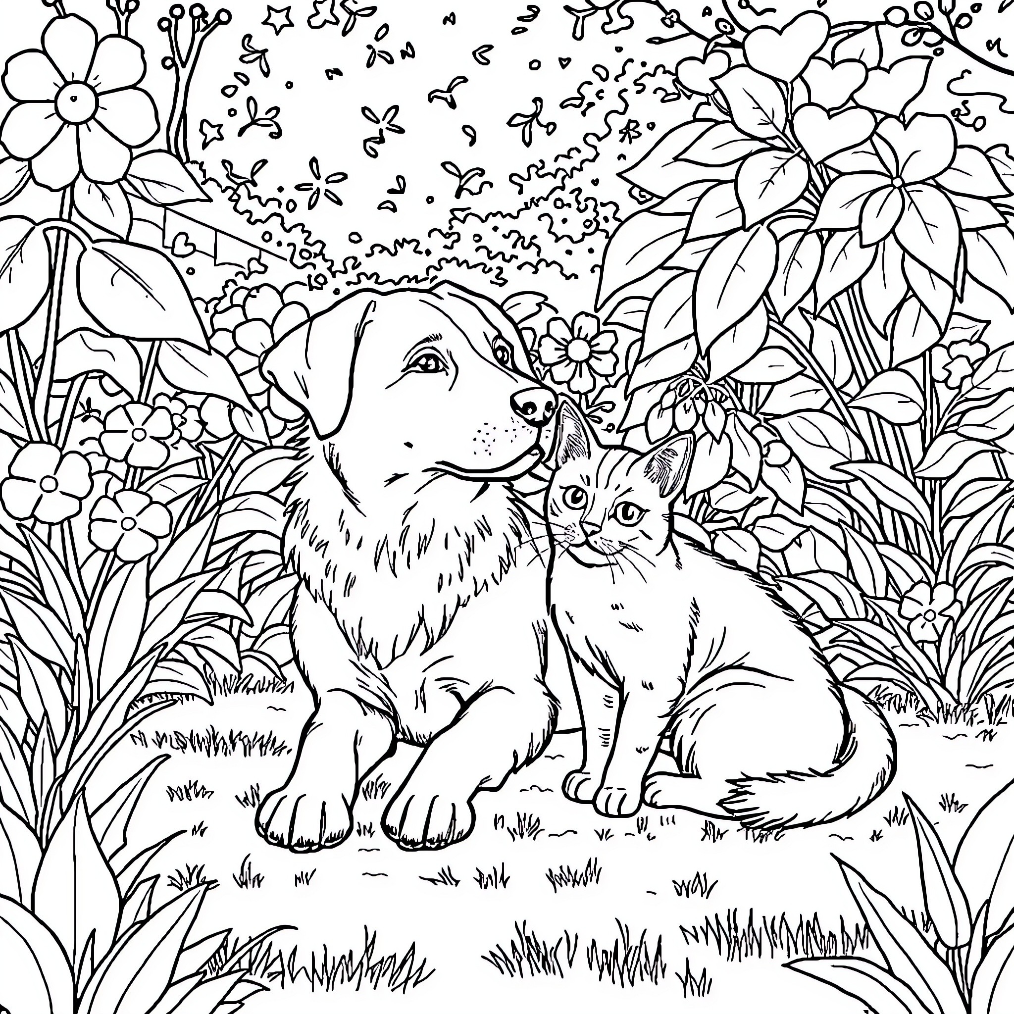 Dog and cat playing in a floral garden Coloring Page (free black-and-white line drawing printable PDF for all, from beginners to advanced learners, including children, teens, adults, and seniors)