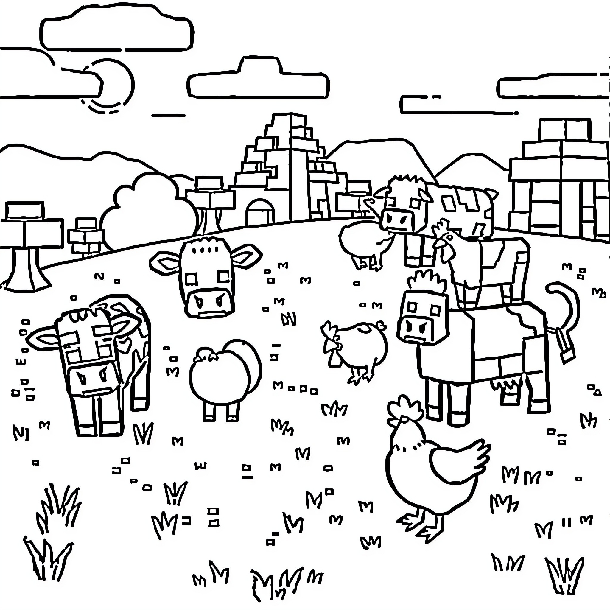 Animal cartoon characters in a city landscape Coloring Page (free black-and-white line drawing printable PDF for all, from beginners to advanced learners, including children, teens, adults, and seniors)