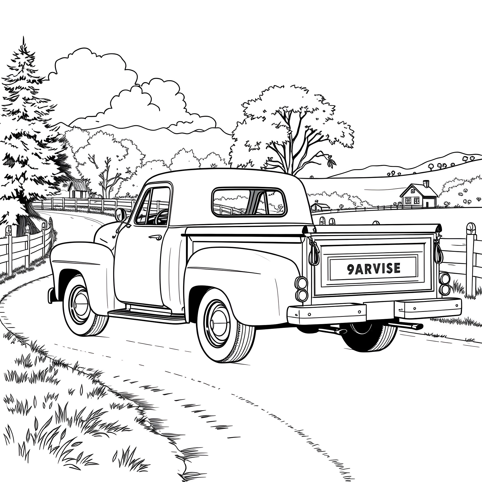 Stepside truck on a country road Coloring Page (free black-and-white line drawing printable PDF for all, from beginners to advanced learners, including children, teens, adults, and seniors)